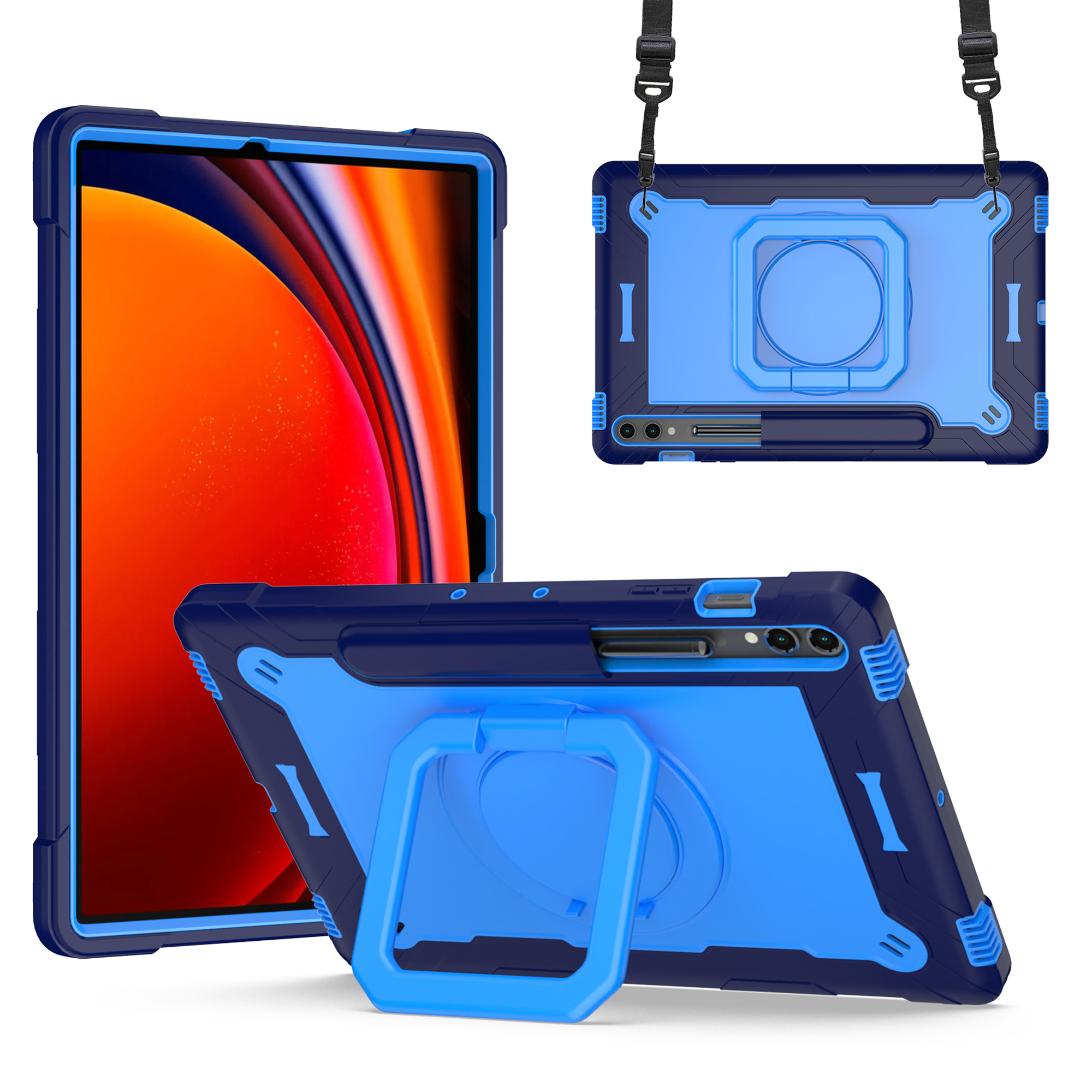 

Für Samsung Galaxy Tab S9+ / Tab S9 Fe+ Hülle Rotierende Kickständer -tablet -abdeckung Mit Schultergurt - Navy Blau / Blau, Galaxy Tab S9+