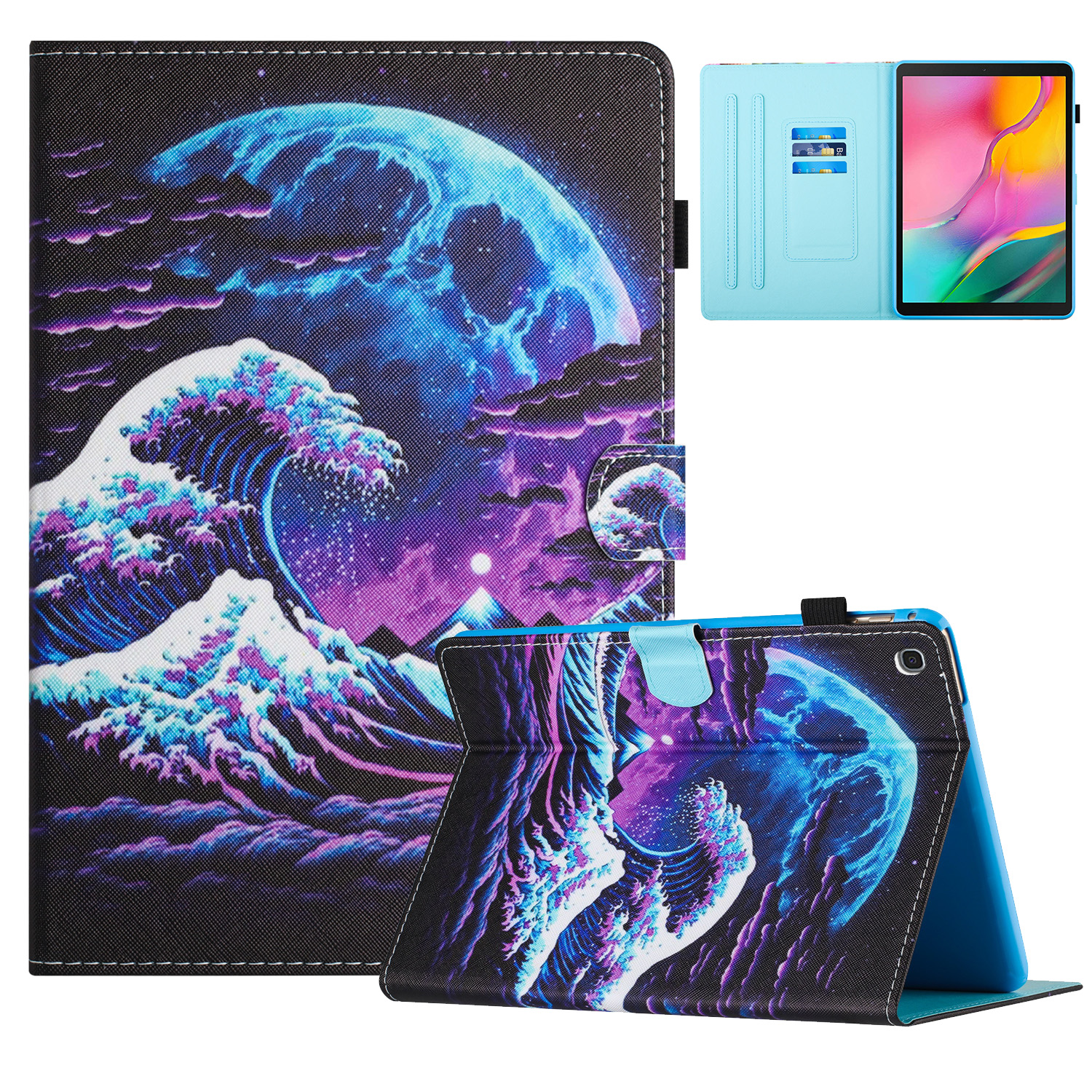 

Für Samsung Galaxy Tab A 10.1 (2019) T510 / T515 Hüllenstich -lederabdeckung Mit Kartensteckplätzen - Meereswelle, Galaxy Tab A 10.1 (2019)