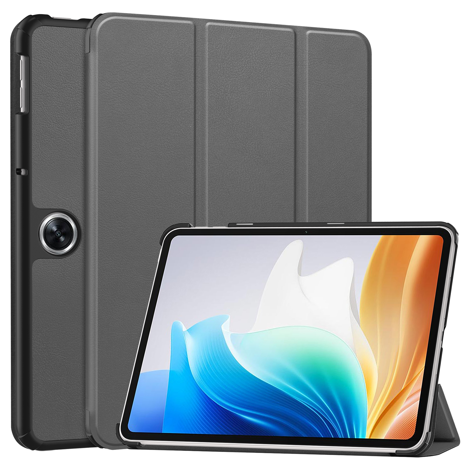 For Oppo Pad Go / Pad Air 2 Case PC+Leather Auto Wake Sleep Protective Shell with Tri-fold Stand - Grey