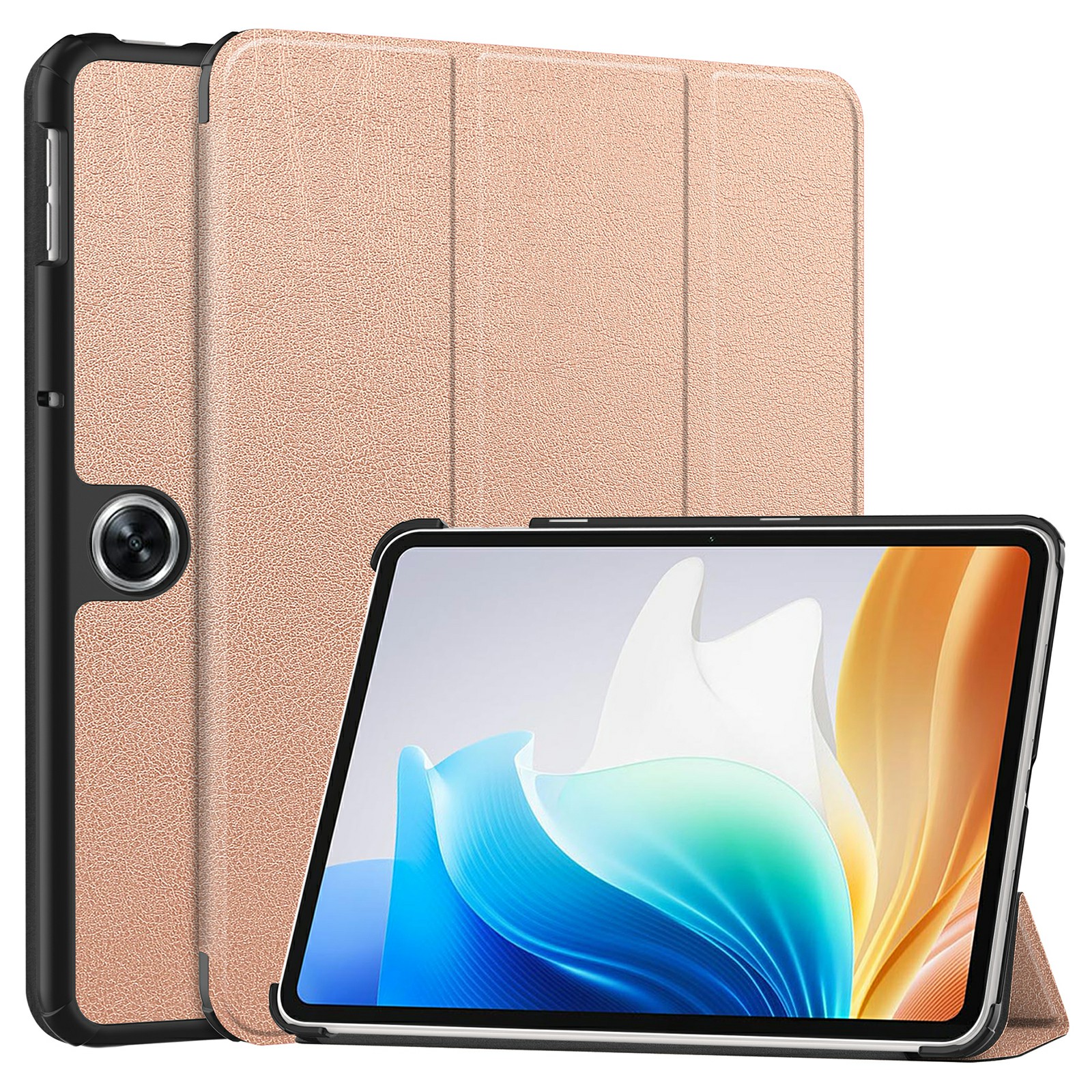For Oppo Pad Go / Pad Air 2 Case PC+Leather Auto Wake Sleep Protective Shell with Tri-fold Stand - Rose Gold