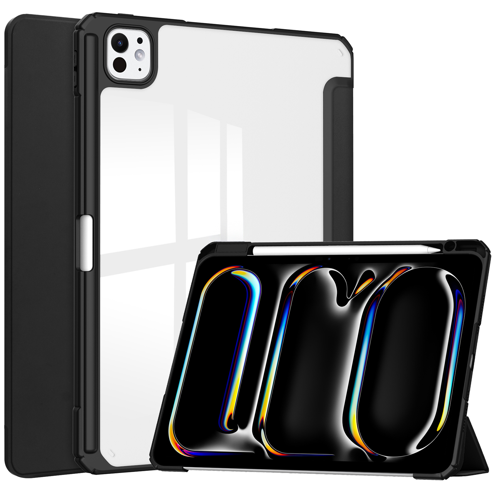 For iPad Pro 13 (2025) / 13 (2024) Case with Pen Slot PU Leather Clear Auto Wake Sleep Tablet Shell - Black