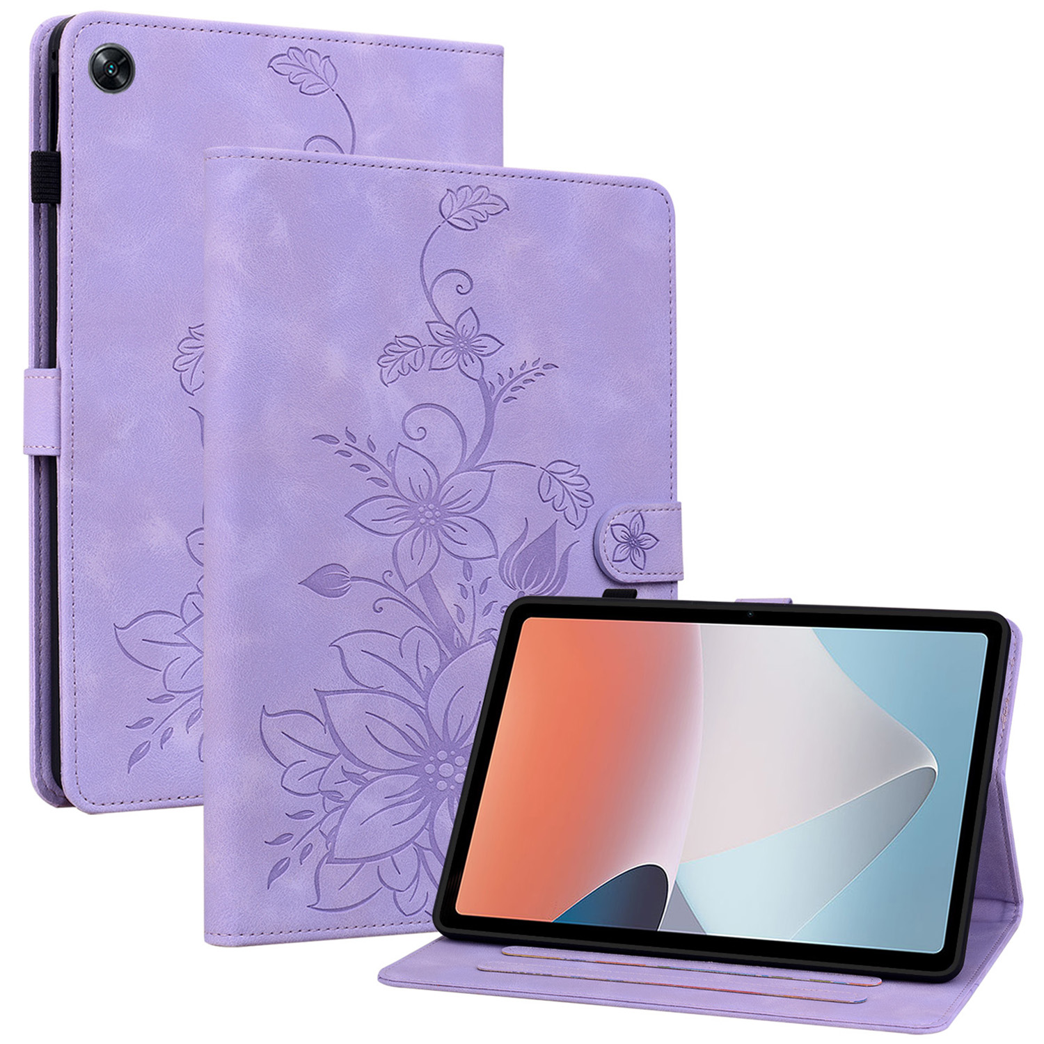 For Oppo Pad Air Tablet Case Lily Flower Imprinted PU Leather Cover with Card Slots - Purple