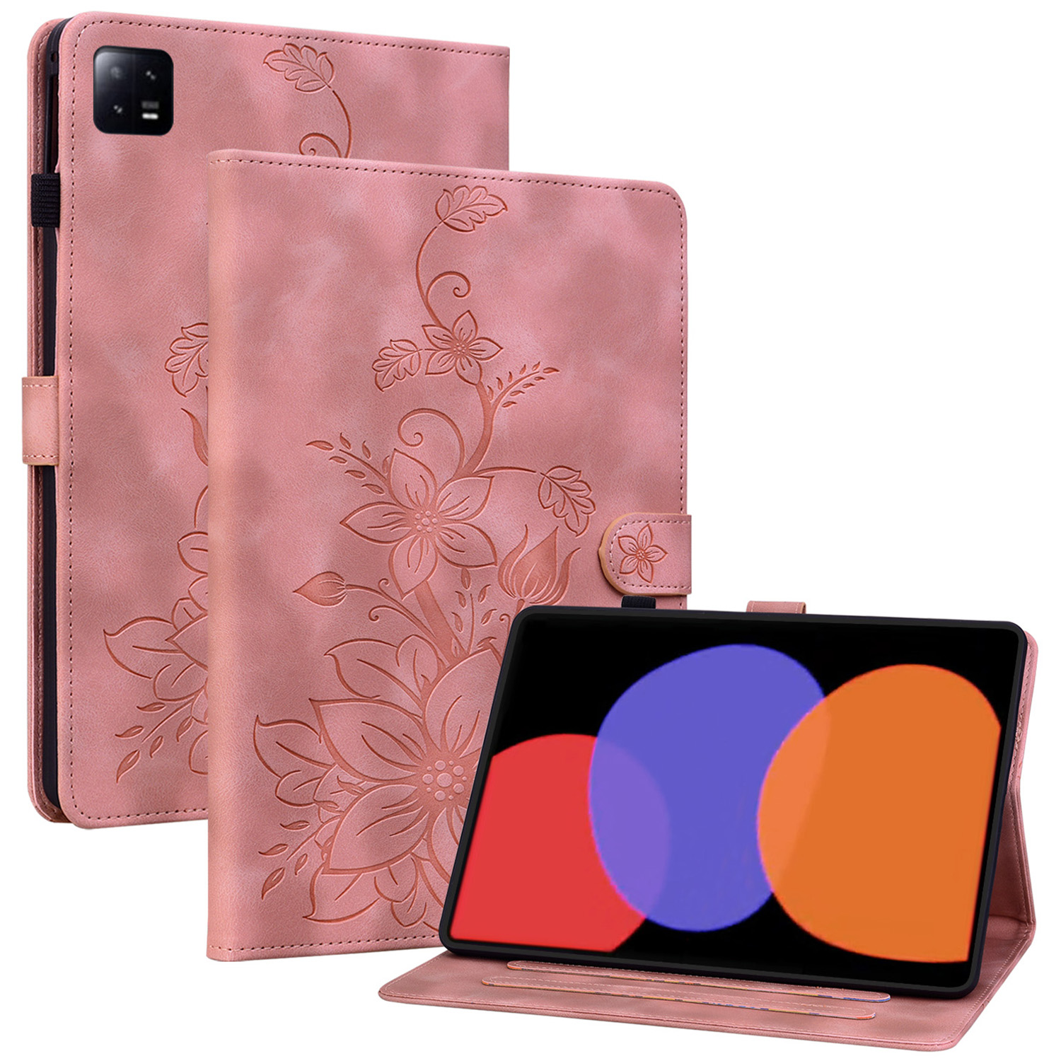 For Xiaomi Pad 6 / Pad 6 Pro Case Stand PU Leather Card Holder Tablet Cover Lily Flower Design - Pink