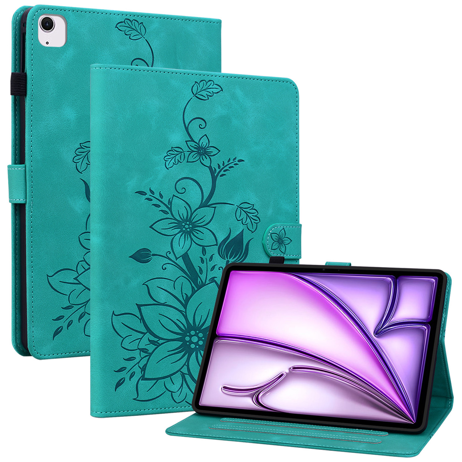 For iPad Air 13 (2026) / (2025) / (2024) Case PU Leather Card Holder Stand Tablet Cover Lily Flower Design - Green