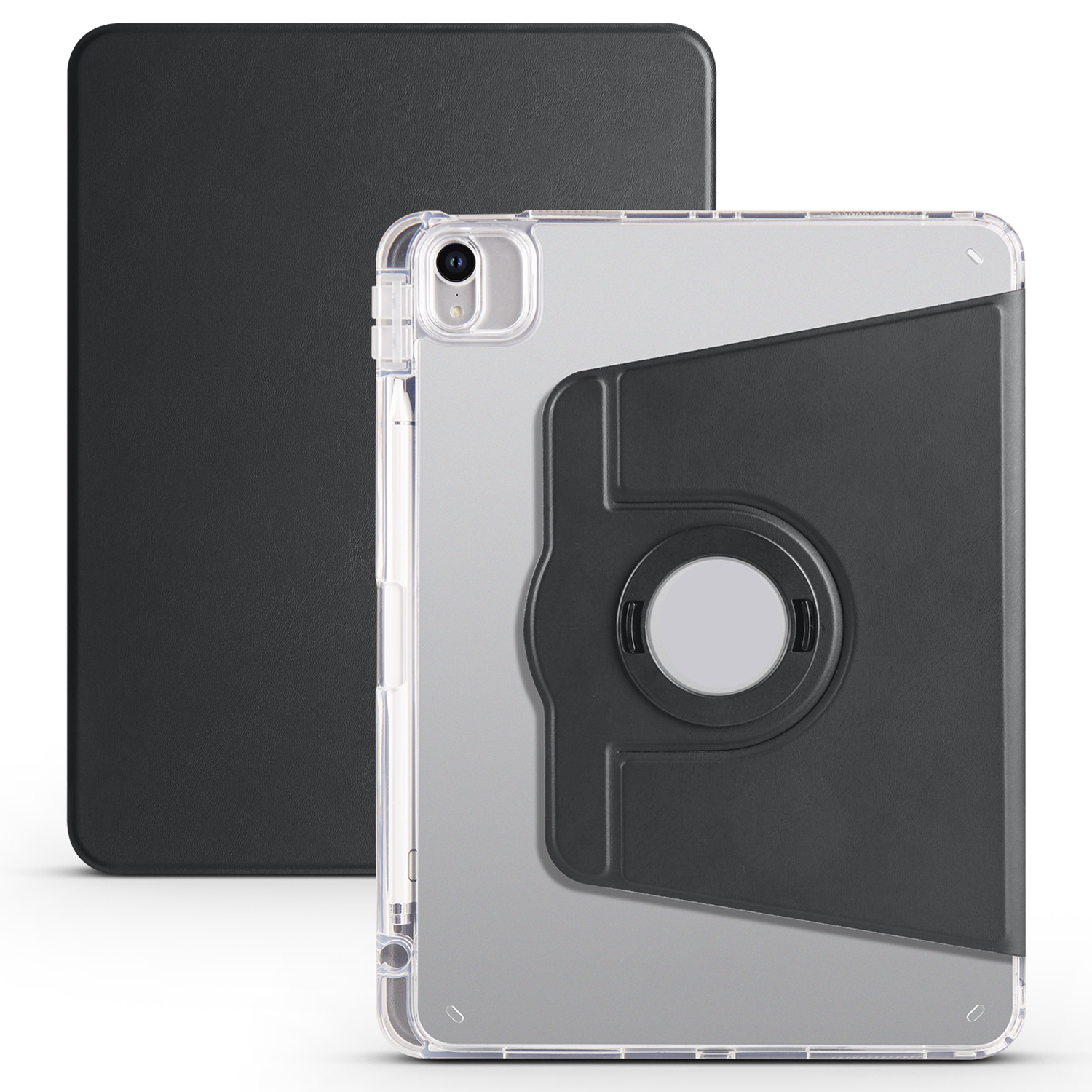 For iPad Air 11 (2026) / (2025) / (2024) Case Rotating Stand Leather+Clear TPU Detachable Tablet Cover - Black