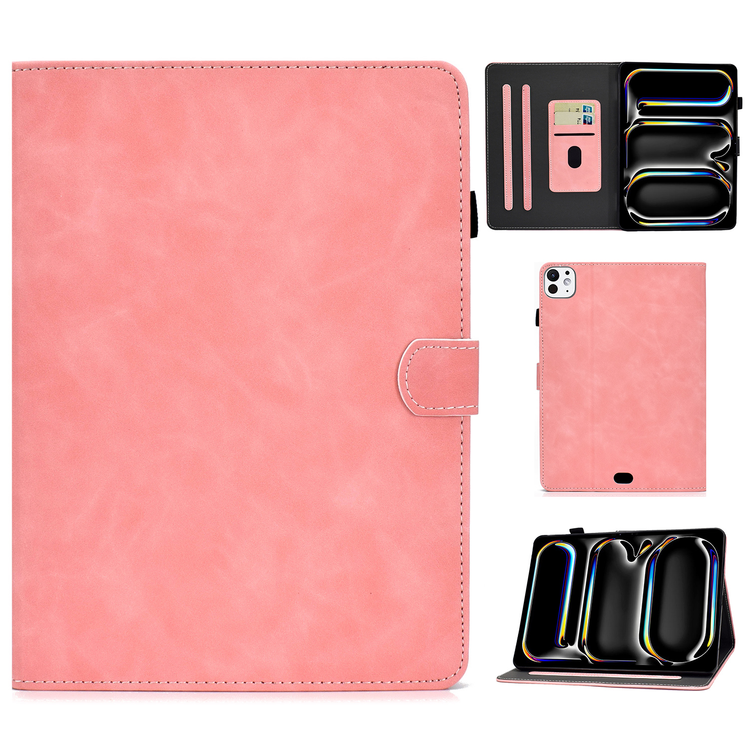 For iPad Pro 11 (2025) / 11 (2024) Cowhide Texture PU Leather Stand Tablet Case Card Holder Cover with Pen Holder Loop - Pink