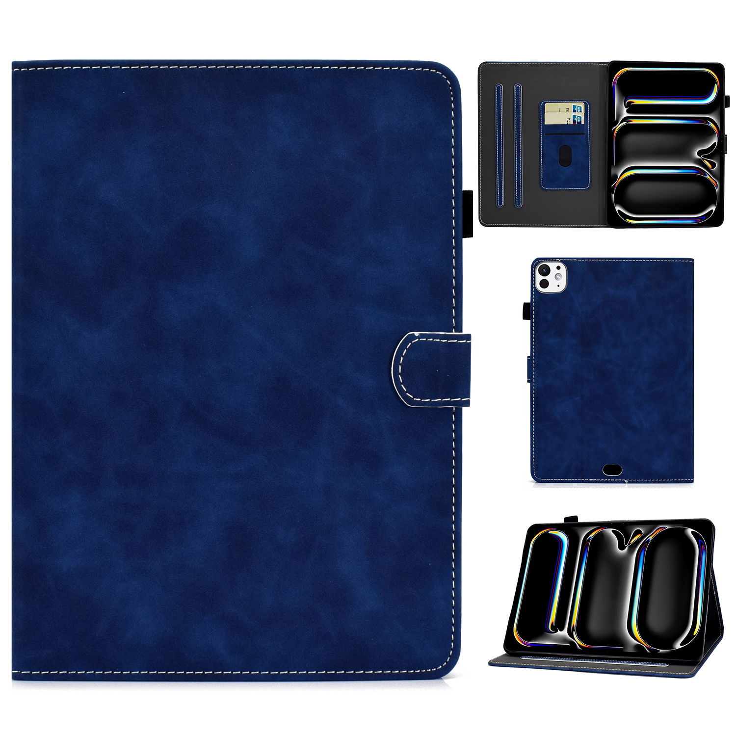 For iPad Pro 11 (2025) / 11 (2024) Cowhide Texture PU Leather Stand Tablet Case Card Holder Cover with Pen Holder Loop - Blue