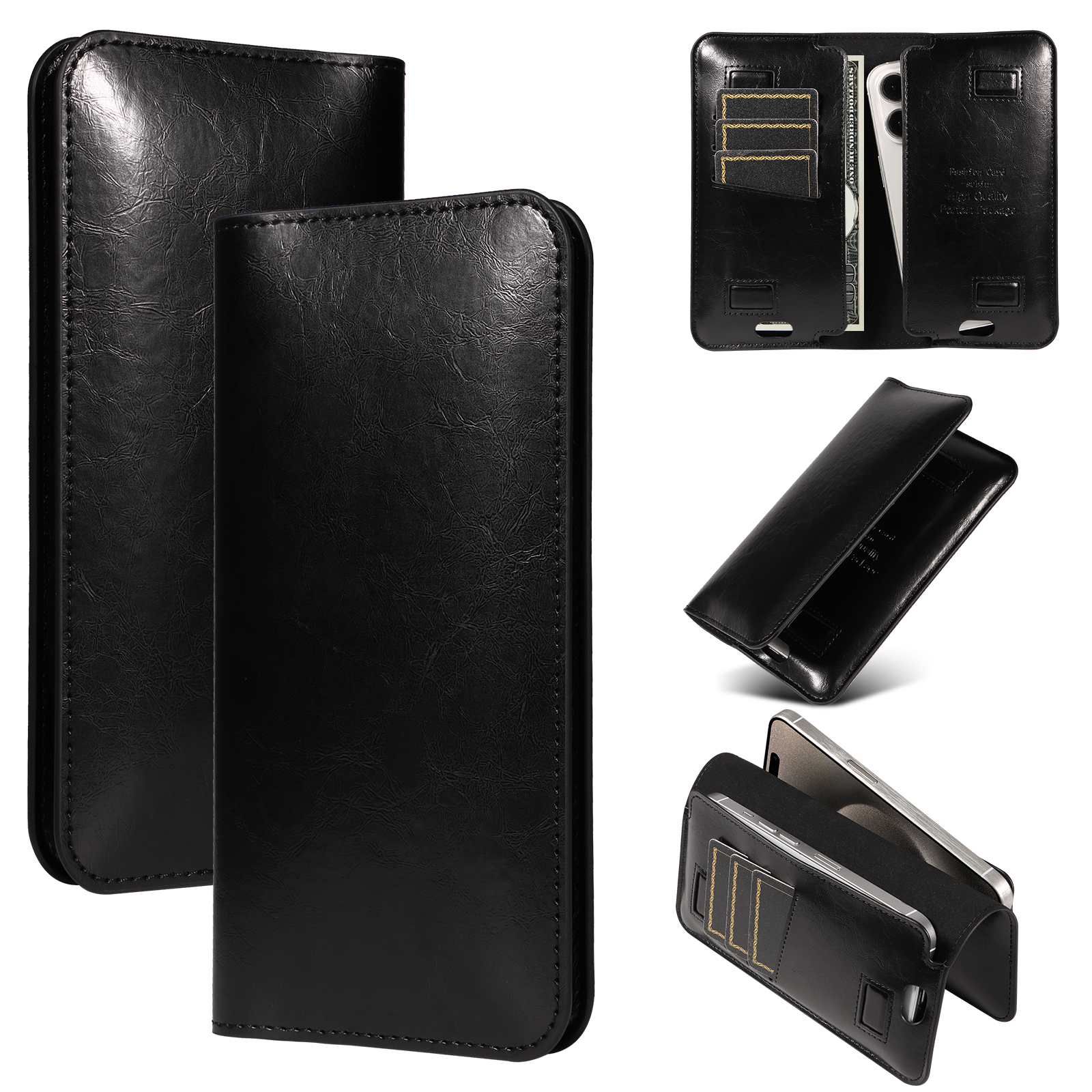 17.5x9cm Universal PU Leather Dual Phone Pouch with Magnetic Closure, 3 Card Slots, Charging Port Access - Black
