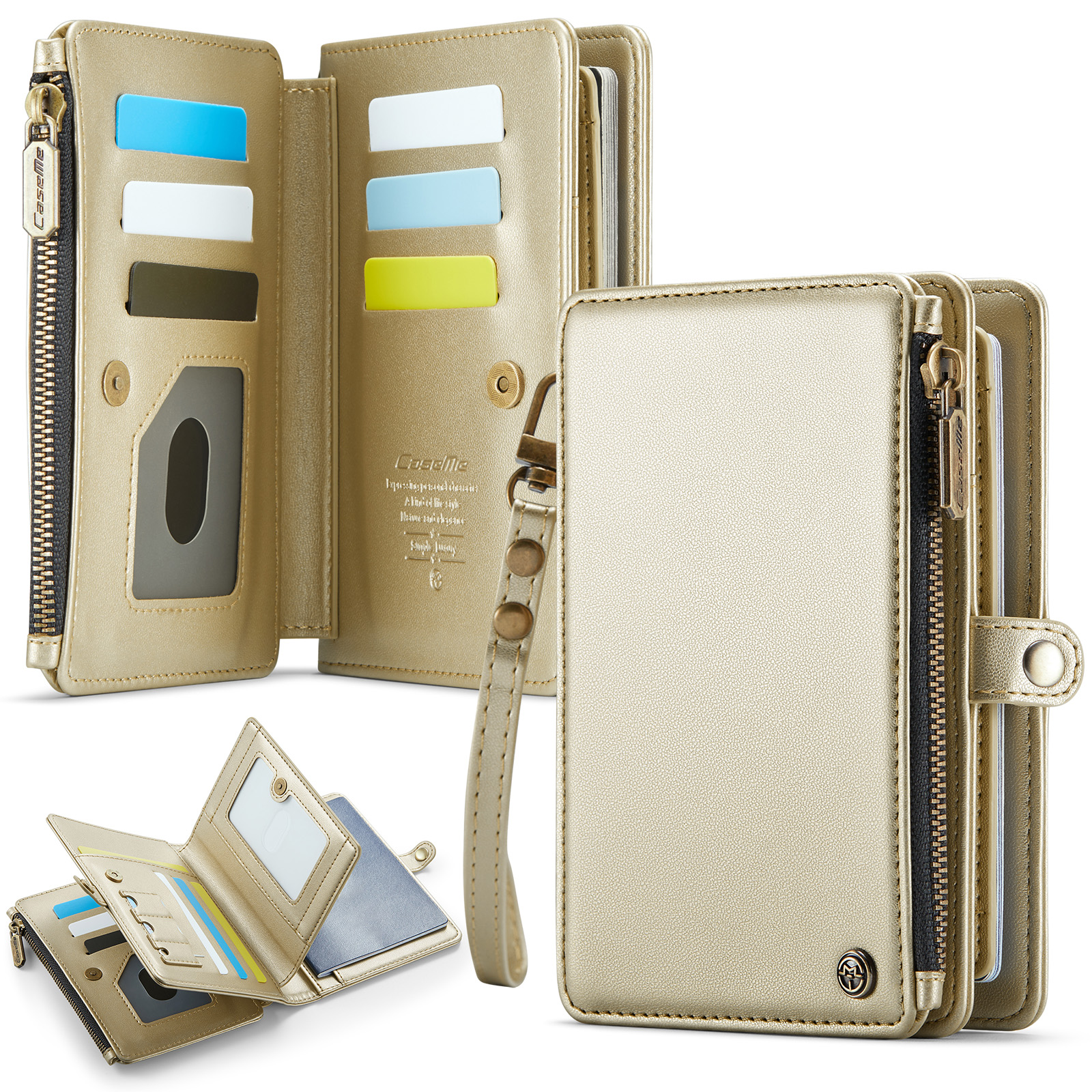 CASEME Me60 RFID Blocking Passport Leather Wallet 11 Card Slots Travel Organizer With Zipper Pocket SIM Card Holder - Gold