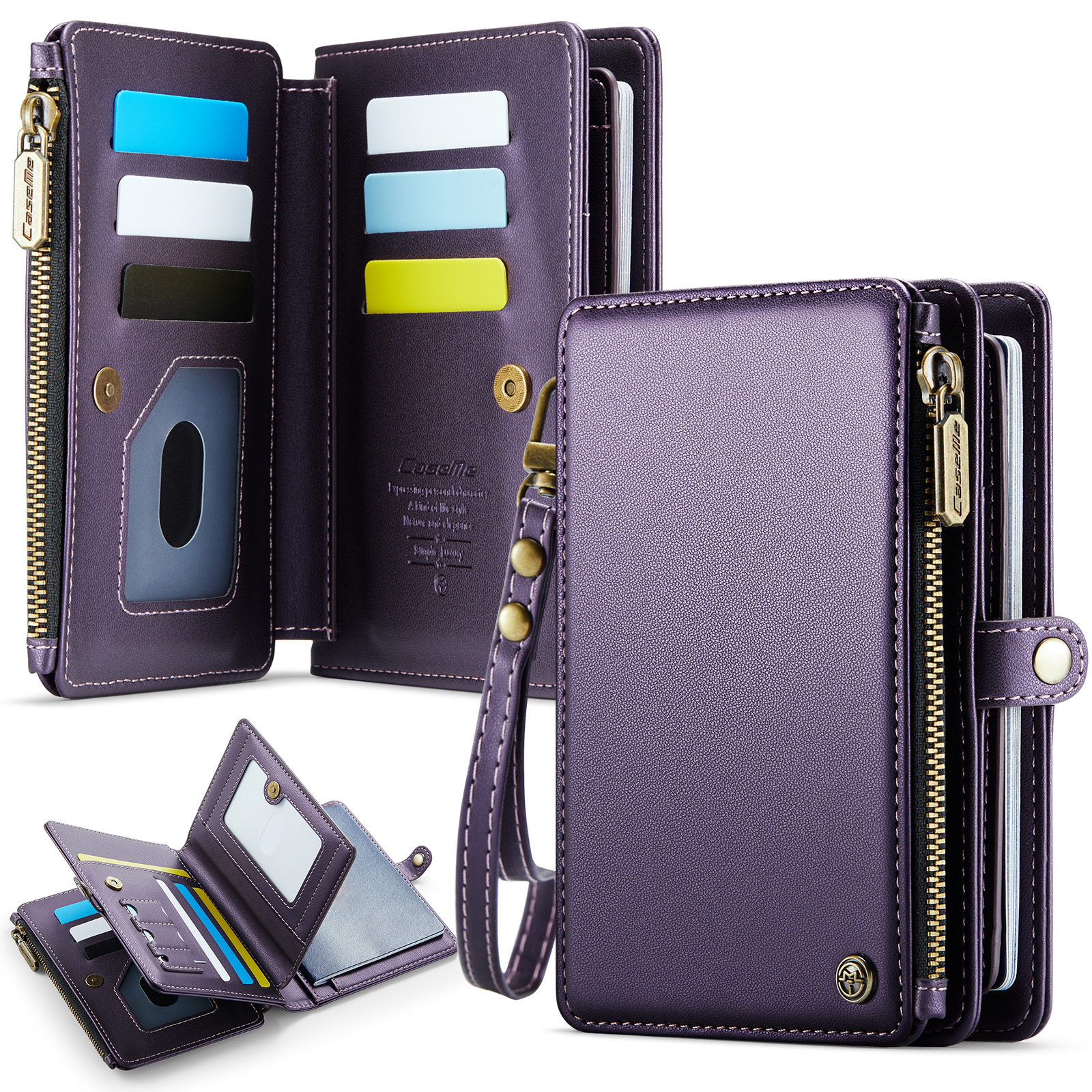 CASEME Me60 RFID Blocking Passport Leather Wallet 11 Card Slots Travel Organizer With Zipper Pocket SIM Card Holder - Purple