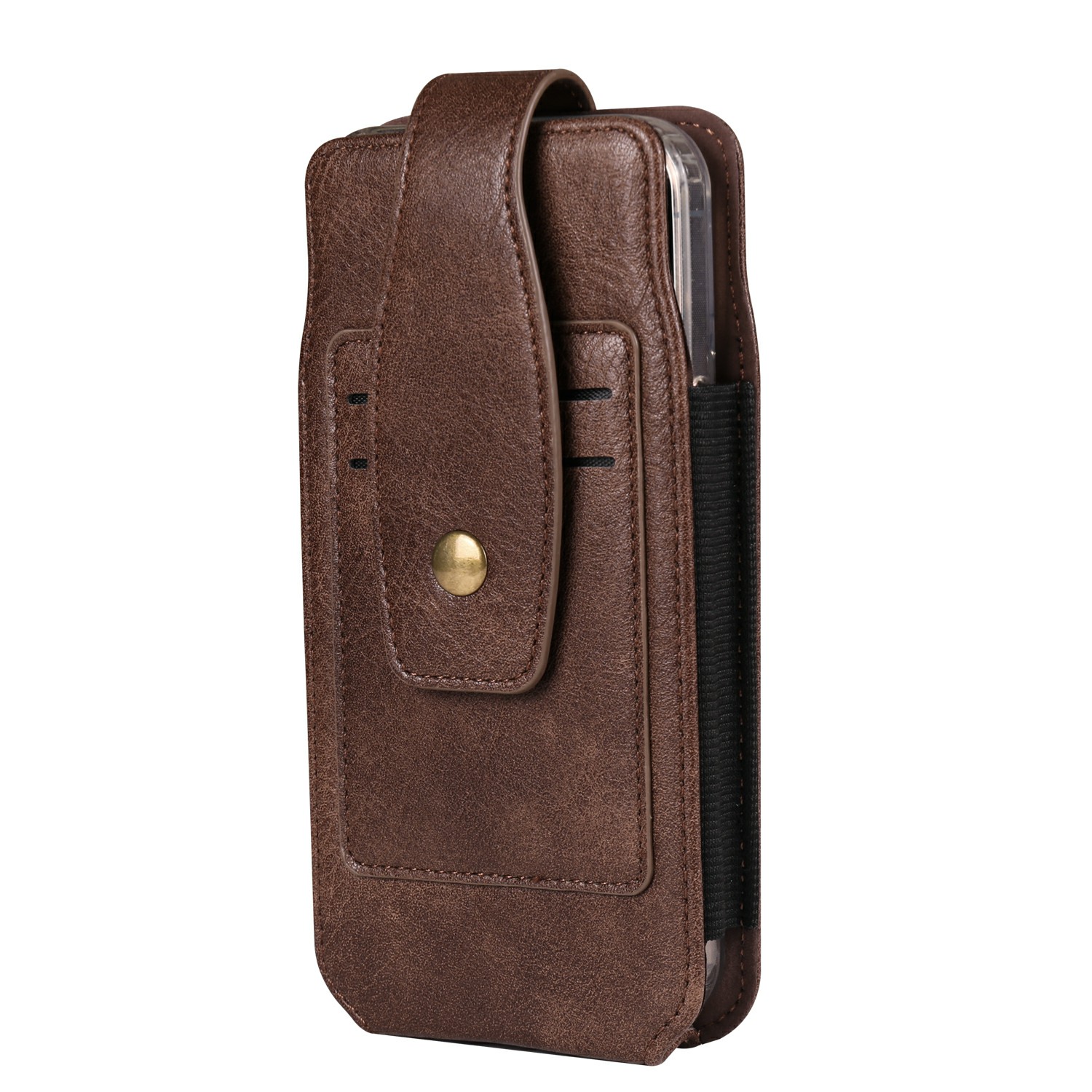 For 6.7 - 6.9 Inch Phone Pouch Vertical Card Holder PU Leather Elastic Side Bands Waist Case - Coffee