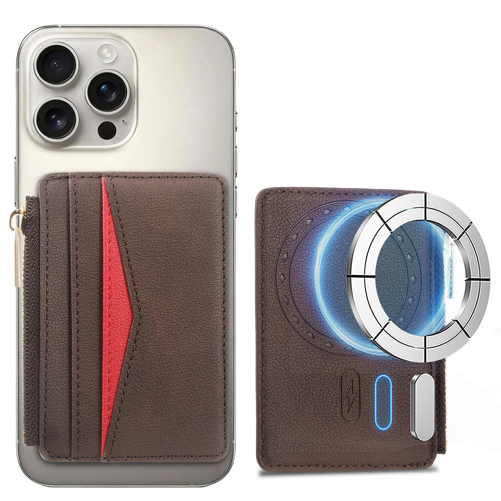 MC-W31 Magnetic Zipper Card Holder PU Leather Color-Block Card Pocket - Coffee