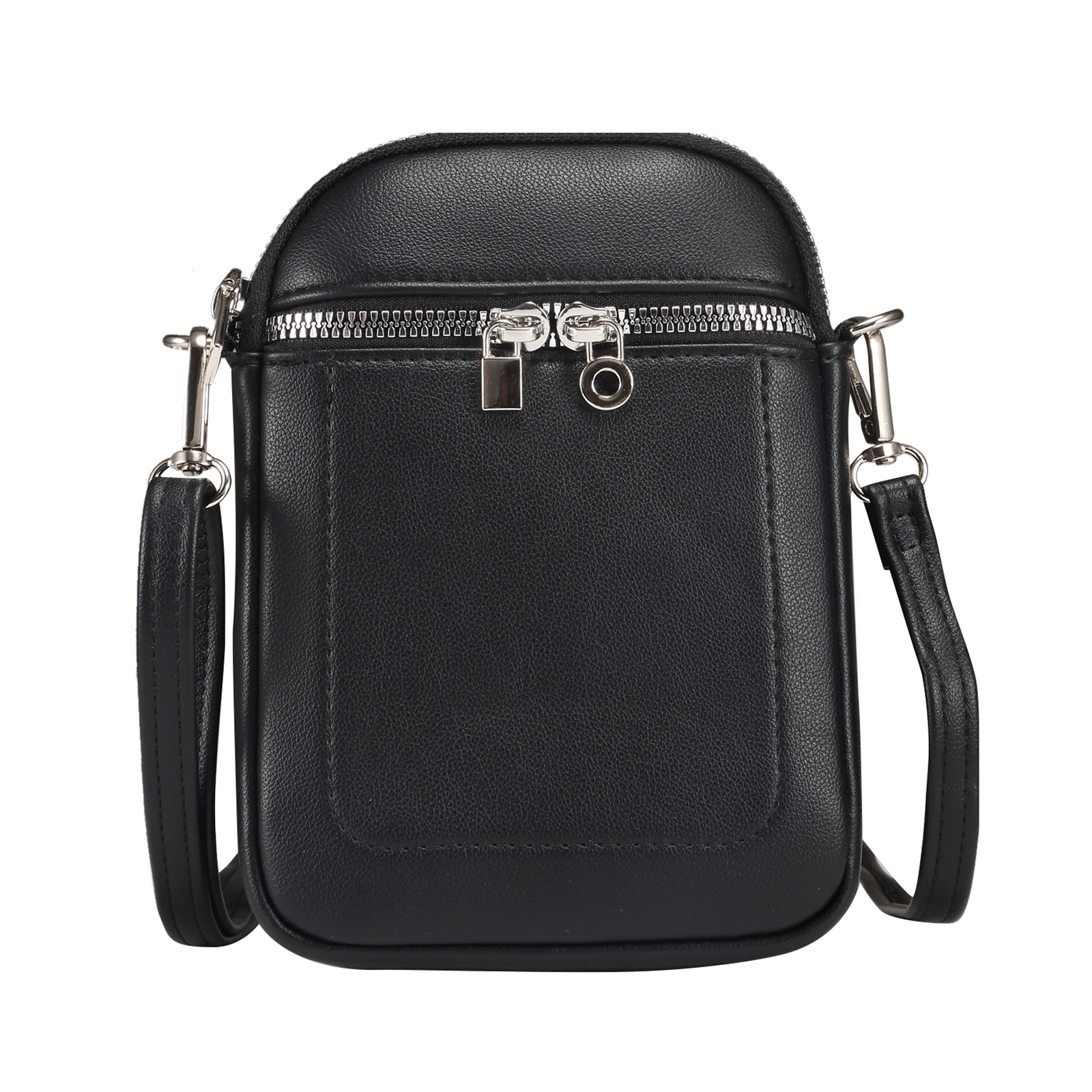 Crossbody Phone Bag Lambskin Textured PU Leather Shoulder Bag for Cellphone Up To 7.2 Inch - Black