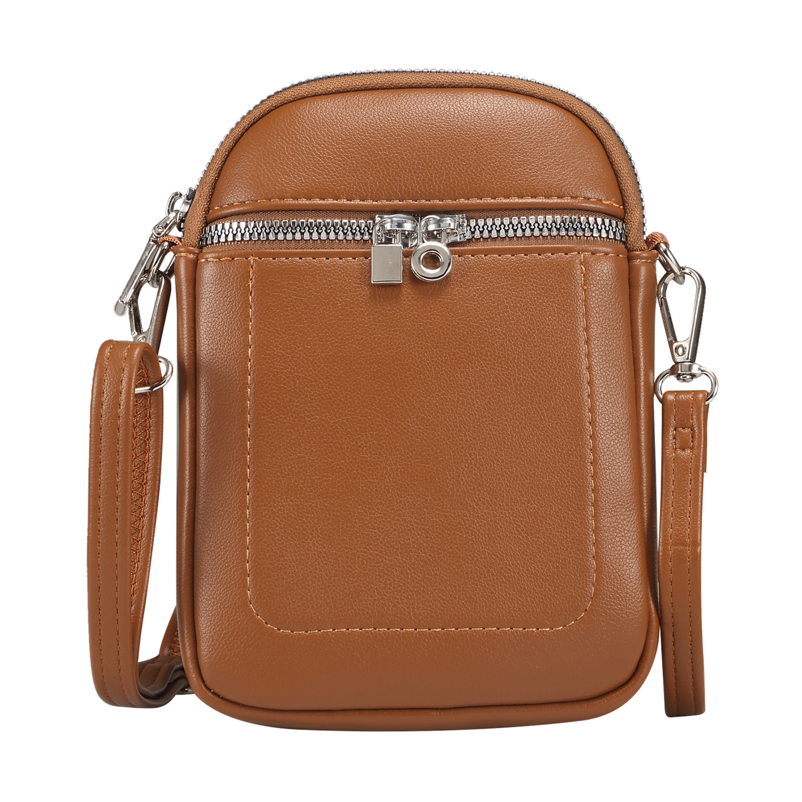 Crossbody Phone Bag Lambskin Textured PU Leather Shoulder Bag for Cellphone Up To 7.2 Inch - Brown