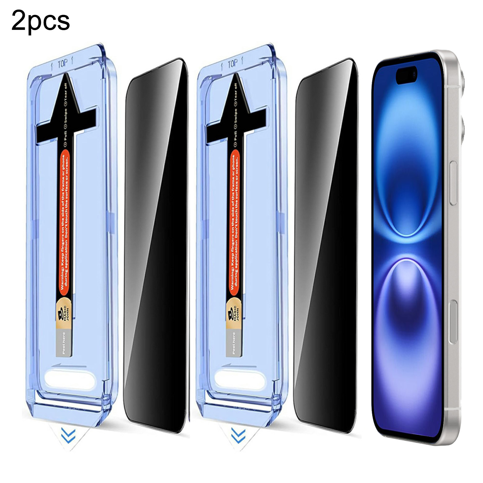 2 Sets For iPhone 16 / 15 Anti Spy Tempered Glass Screen Protector with Automatic Dust Removal Tool