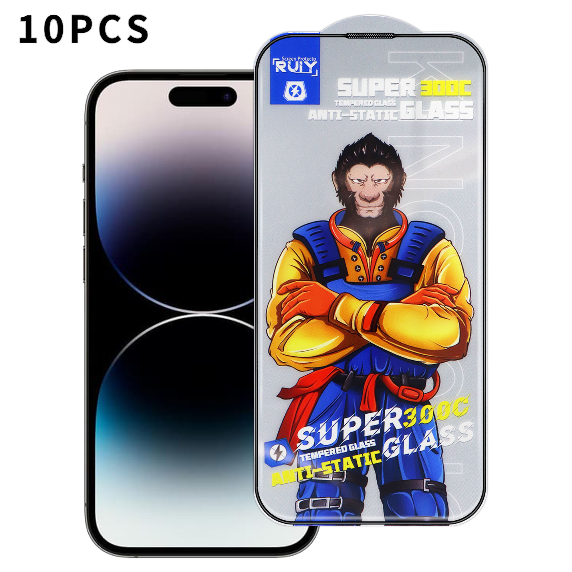 For iPhone 14 Pro 10Pcs Full Screen Protector 300C Large Arc Anti Static Silk Printing HD Clear Tempered Glass Film - As Shown