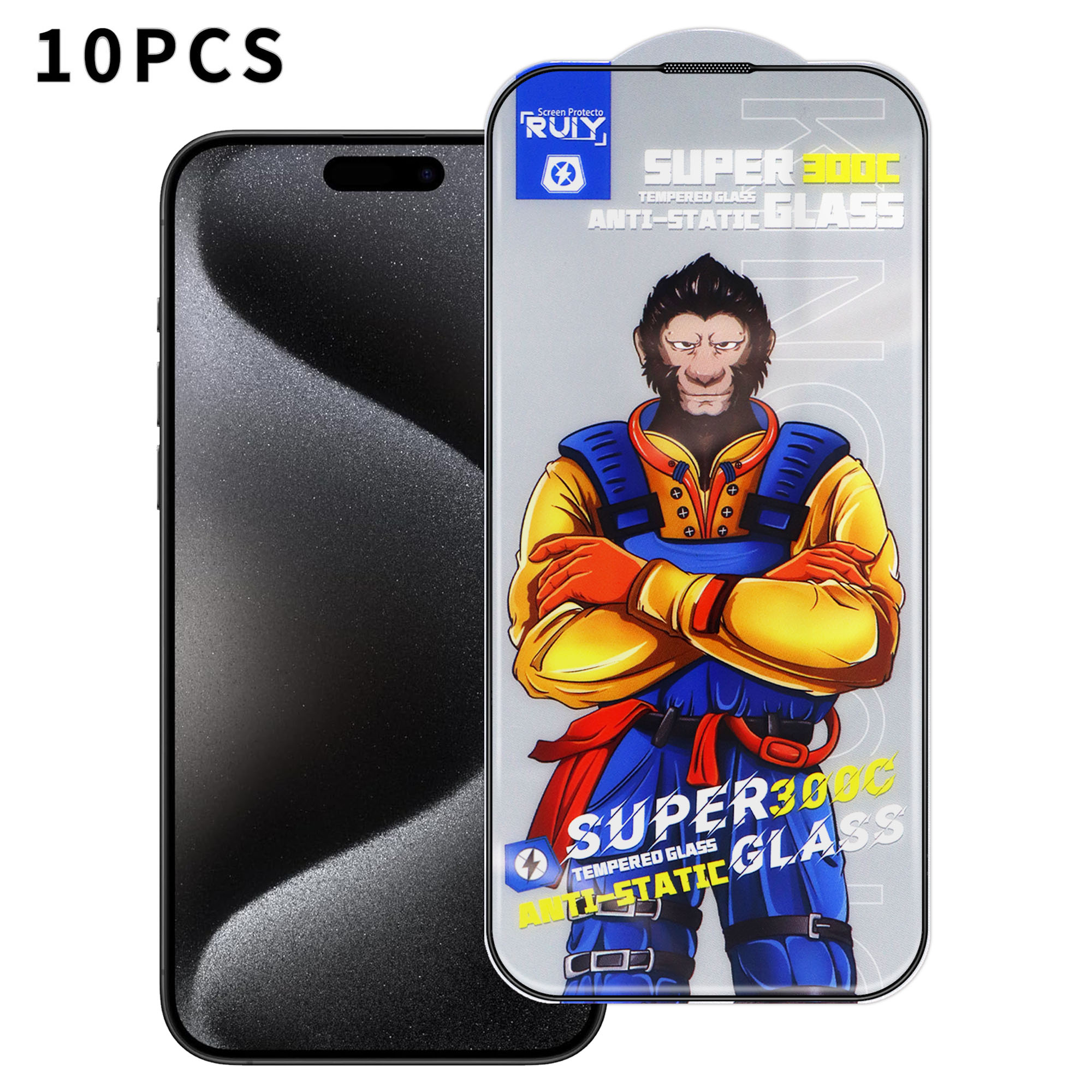 For iPhone 15 Pro 10Pcs Full Screen Protector 300C Large Arc Anti Static Silk Printing HD Clear Tempered Glass Film - As Shown