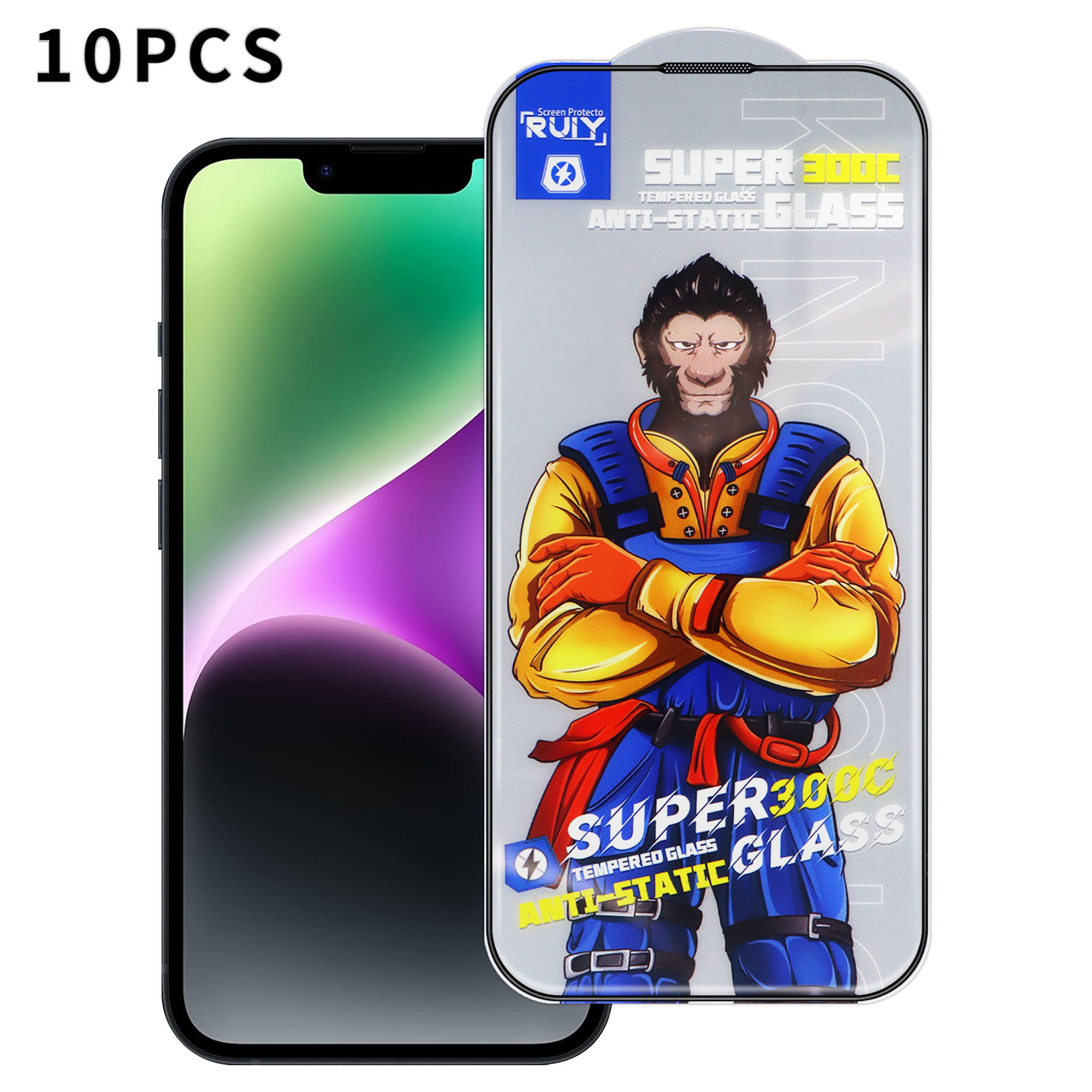 For iPhone 14 10Pcs Full Screen Protector 300C Large Arc Anti Static Silk Printing HD Clear Tempered Glass Film - As Shown