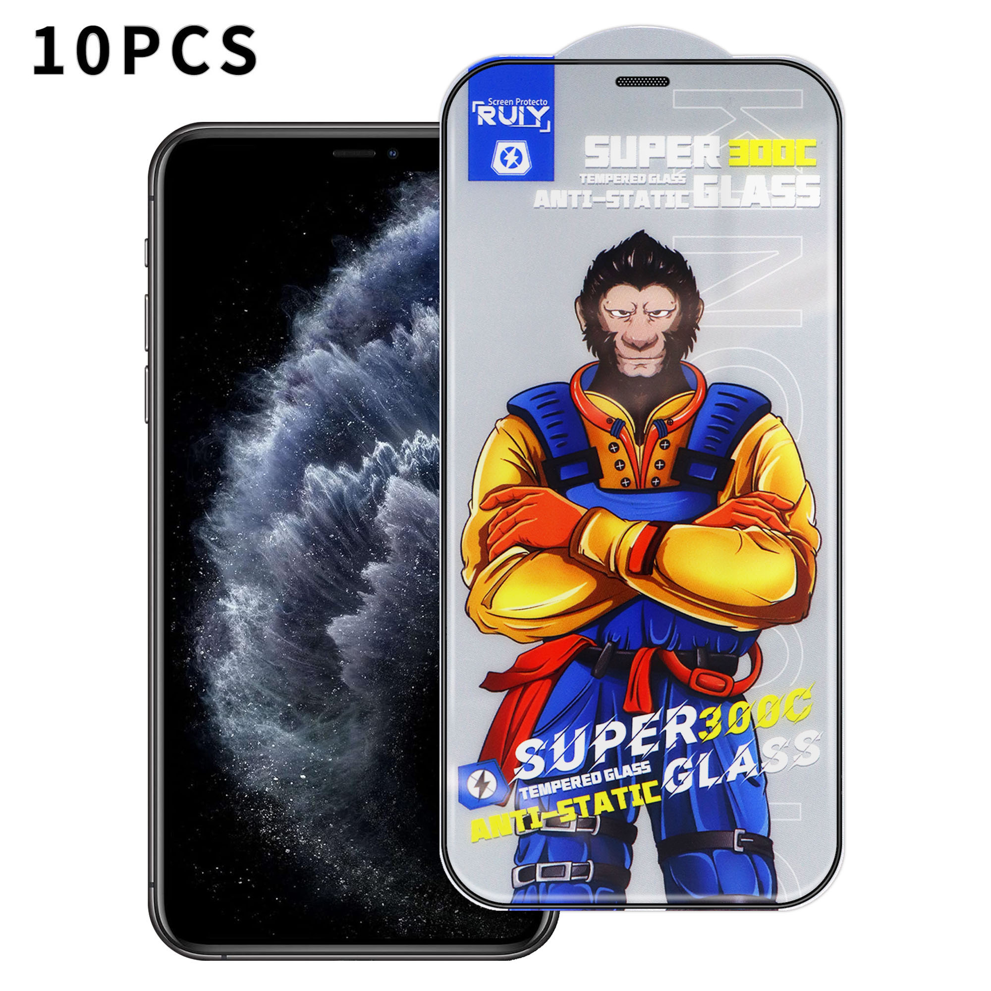 For iPhone 11 Pro 10Pcs Full Screen Protector 300C Large Arc Anti Static Silk Printing HD Clear Tempered Glass Film - As Shown