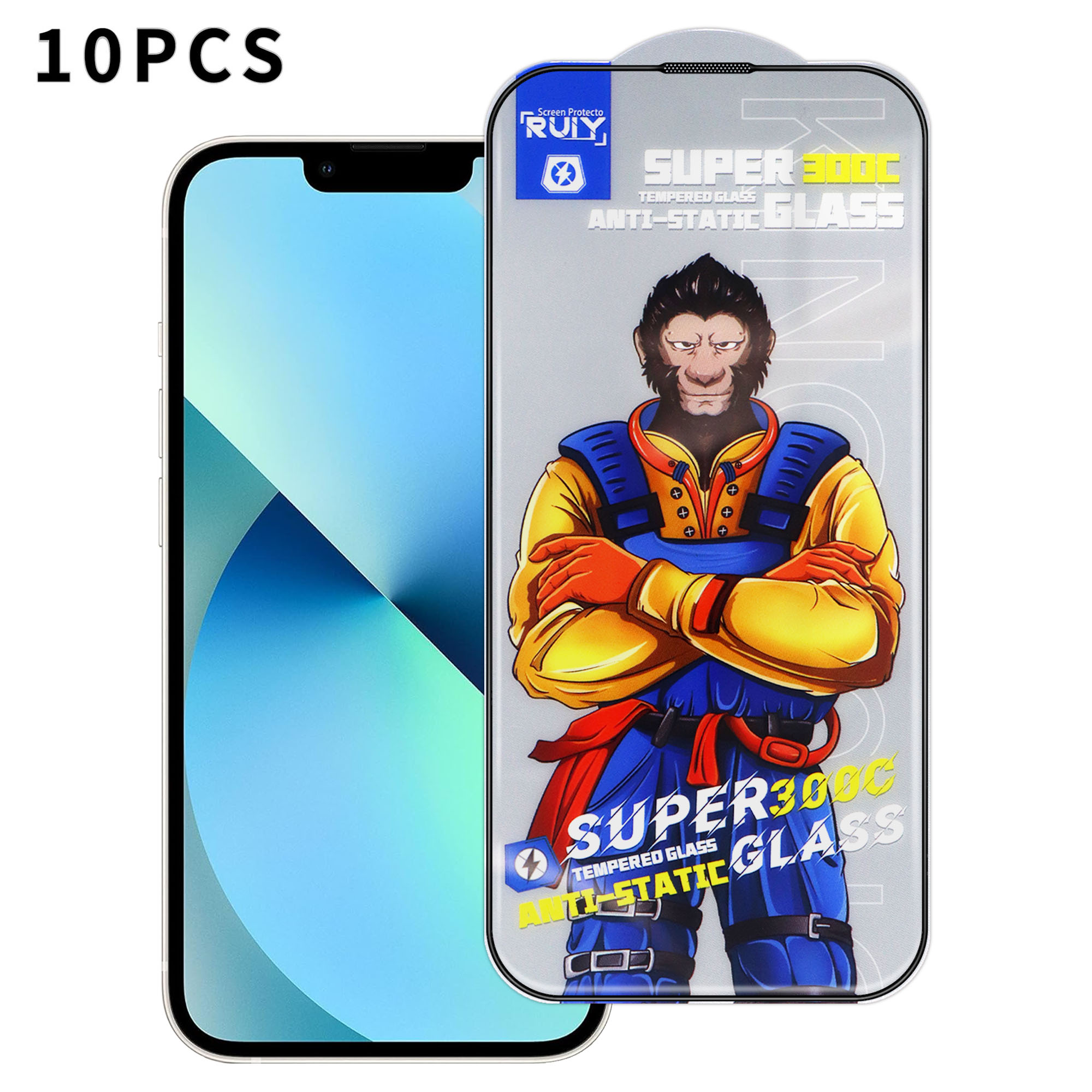 For iPhone 13 10Pcs Full Screen Protector 300C Large Arc Anti Static Silk Printing HD Clear Tempered Glass Film - As Shown