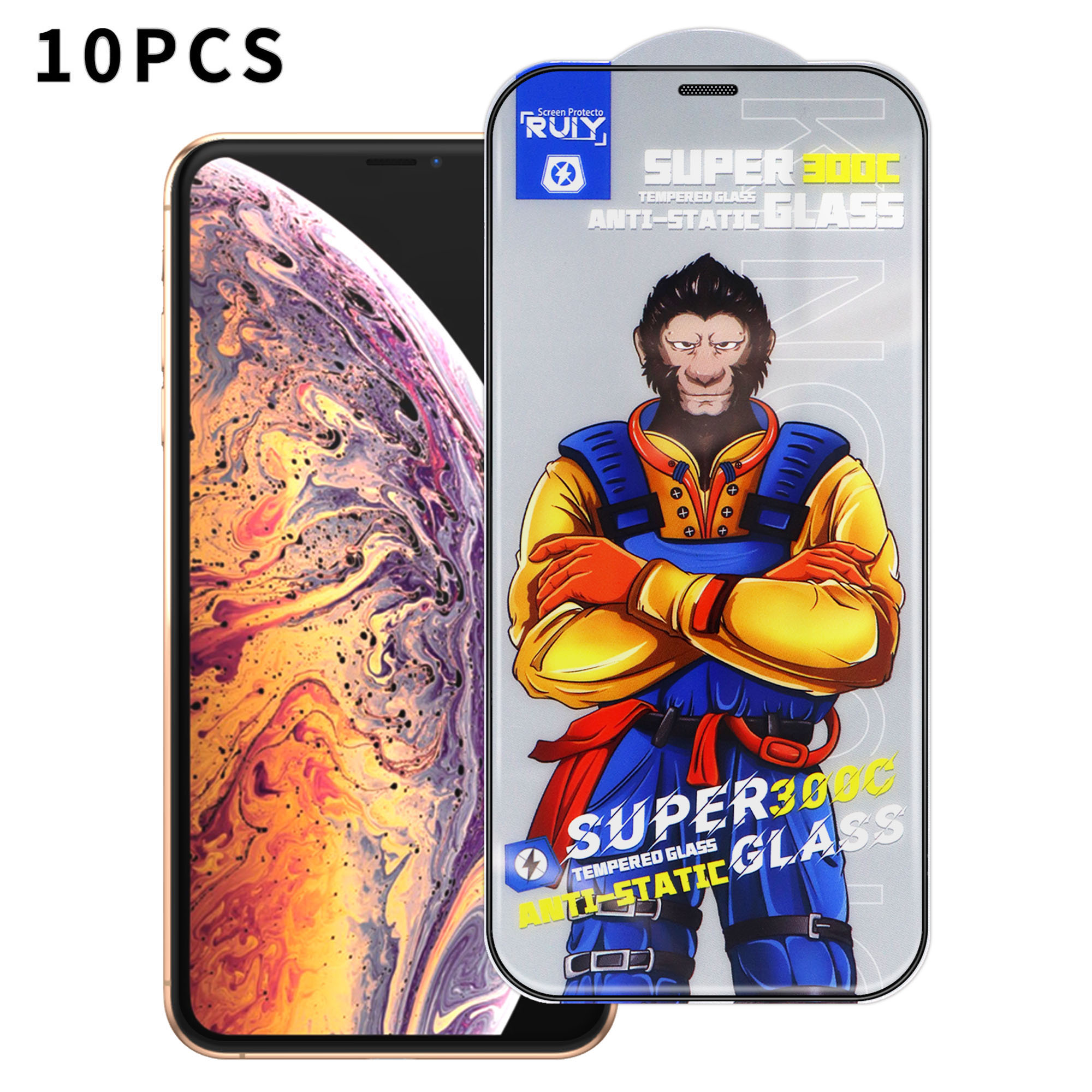 For iPhone XS Max 6.5 inch 10Pcs Full Screen Protector 300C Large Arc Anti Static Silk Printing HD Clear Tempered Glass Film - As Shown