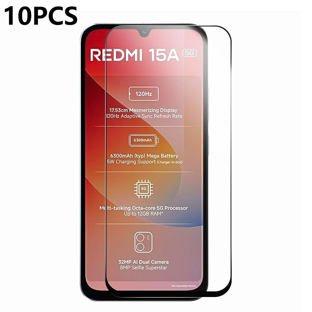 RURIHAI 10Pcs For Xiaomi Redmi 15a 5G High Aluminium-Silicon Glass Film Full Glue 0.26mm 2.5D Full Screen Protector