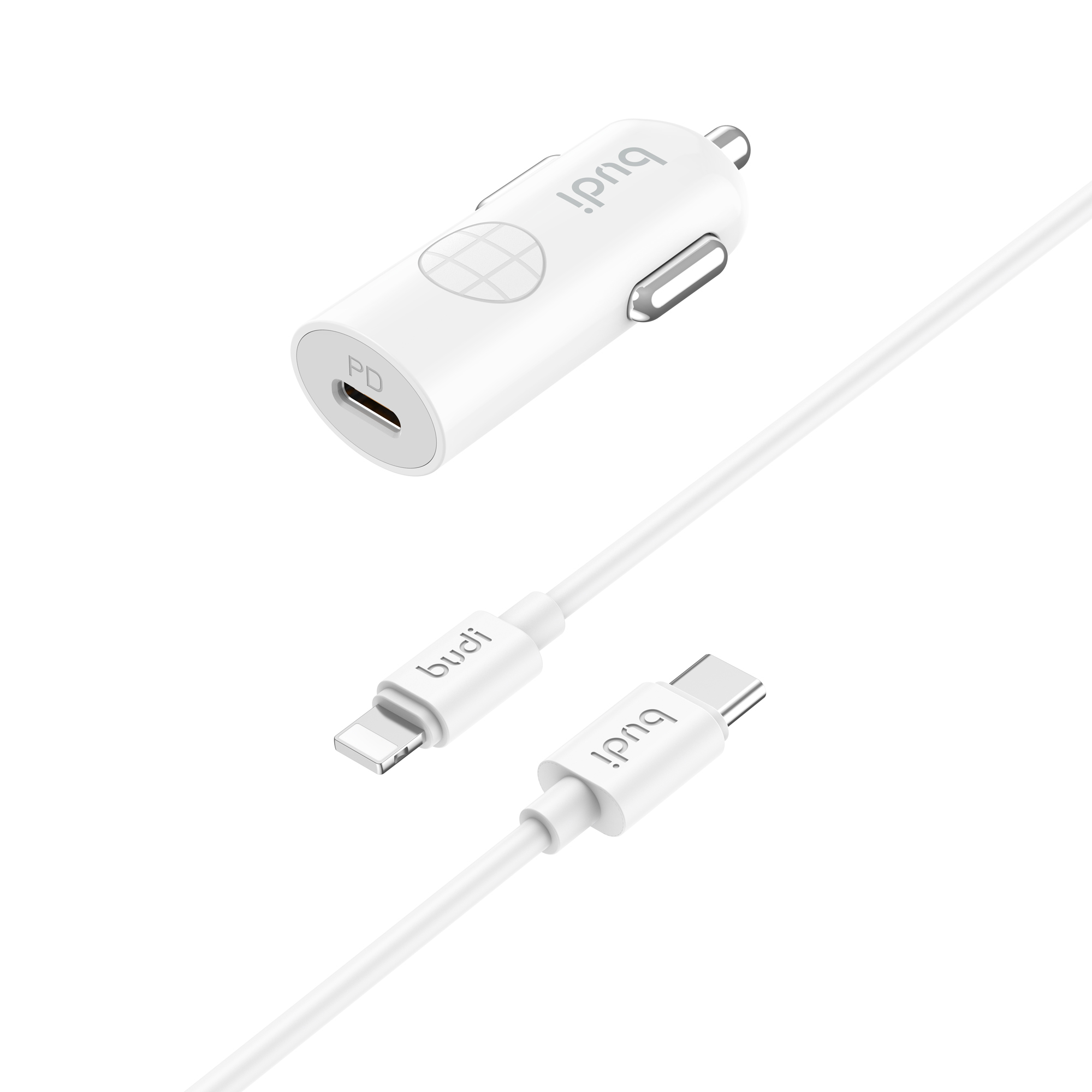 BUDI CC062TTLW USB-C 33W Car Charger Set with 1.2m 27W Type-C to iP Cable Mini Cigarette Lighter Adapter