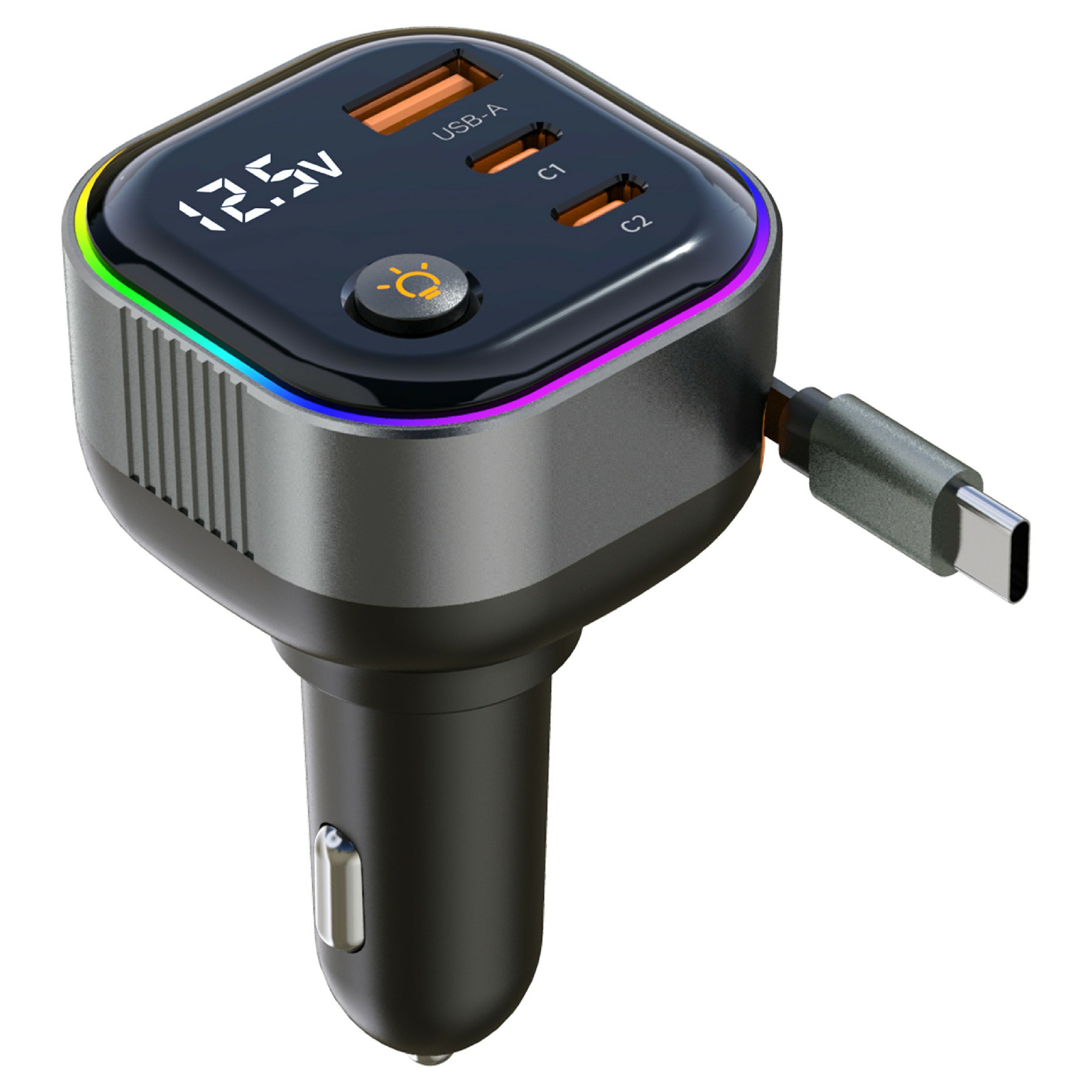 GE03 Voltage Display Car Charger with Retractable Cable and Ambient Light PD 65W Fast Charging Adapter