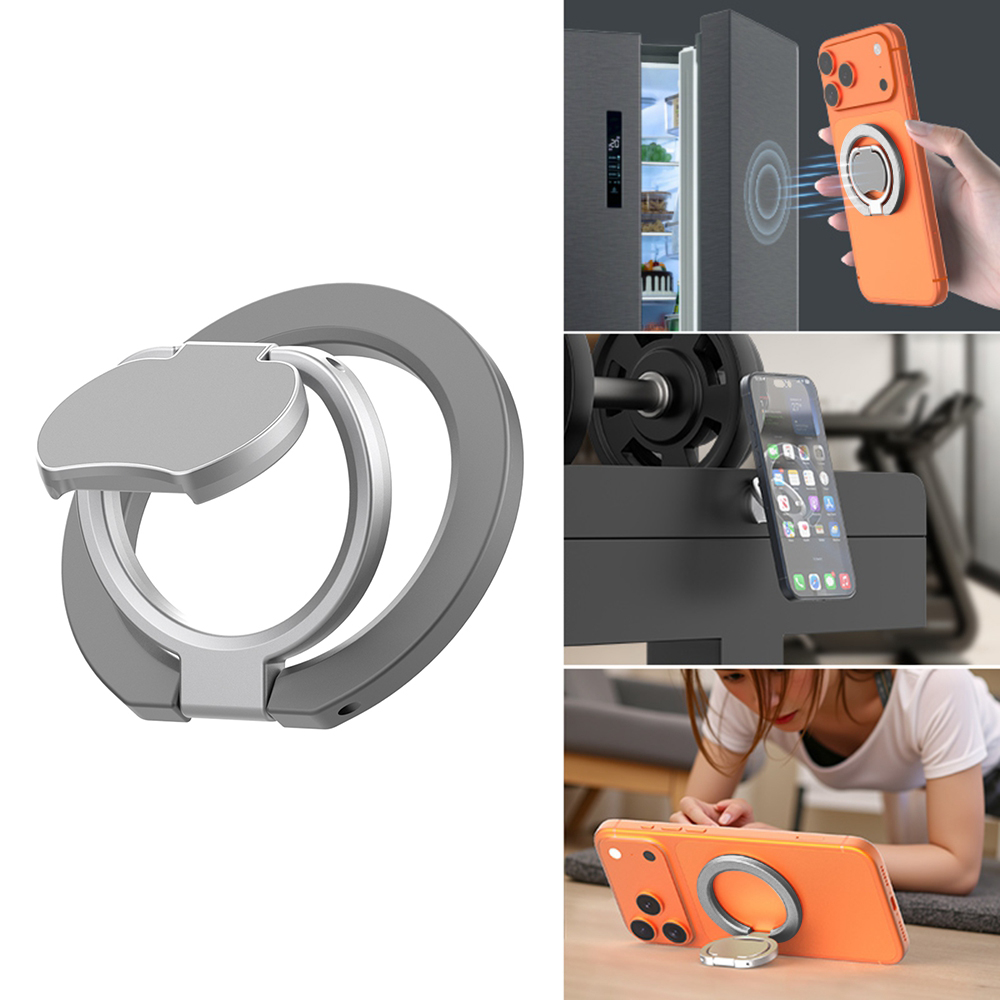 Magnetic Phone Ring Holder Grip with Dual-Side Magnets Triple Folding Zinc Alloy Kickstand - Grey