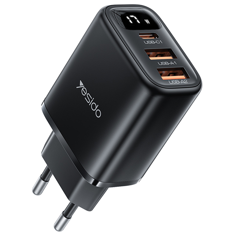 YESIDO YC67 Digital Display 17W Wall Charger 2 USB + 1 Type-C Phone Tablet Charging Adapter, EU Plug