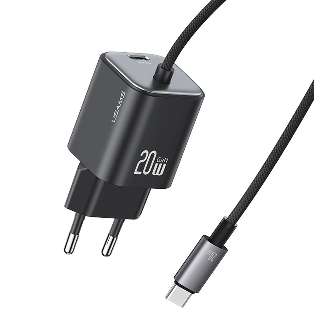 USAMS CC261 GaN Fast Charger Block 20W Dual Port Wall Charger with Type-C Cable, EU Plug - Black