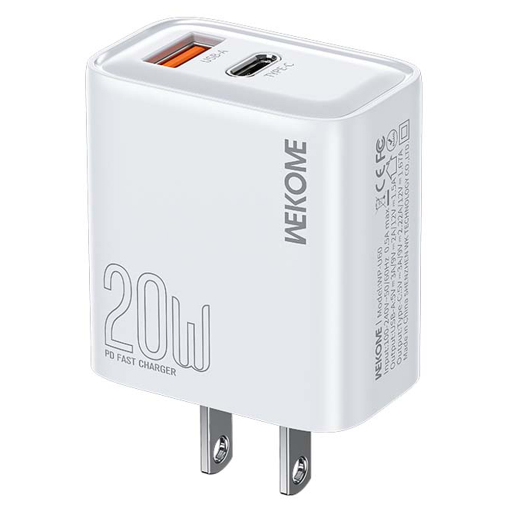 WEKOME WP-U60 20W Wall Charger Dual Port USB-A / Type-C Fast Charger for Smartphones / Tablets (US Plug)