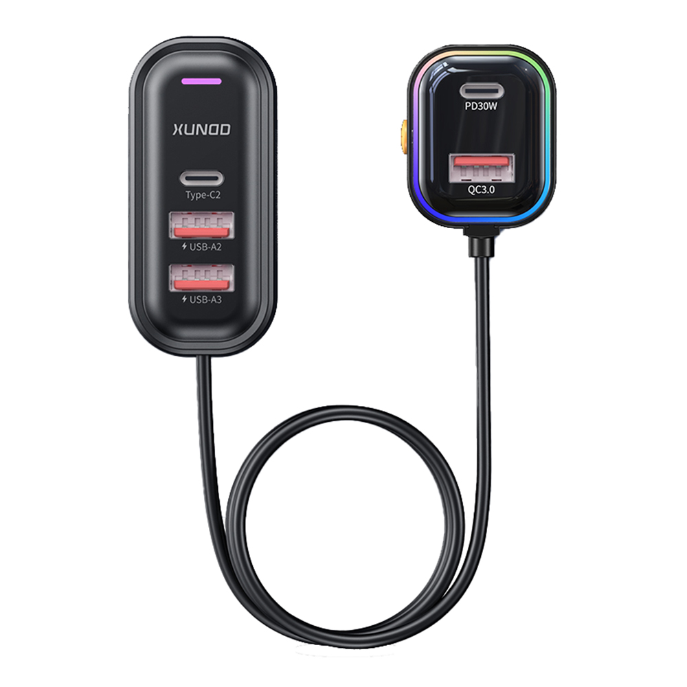 XUNDD XDCH-107 PD 30W Car Charger with Rear Seat Charging Ports Fast Charging  /  RGB Ambient Light