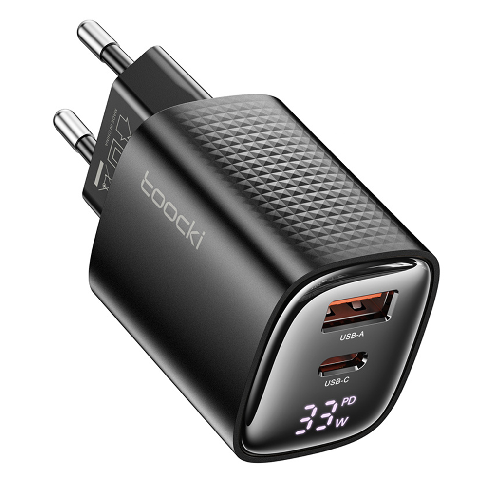TOOCKI TCT33-22EU 33W Fast Charging Digital Display Wall Charger USB A + Type C GaN Power Adapter