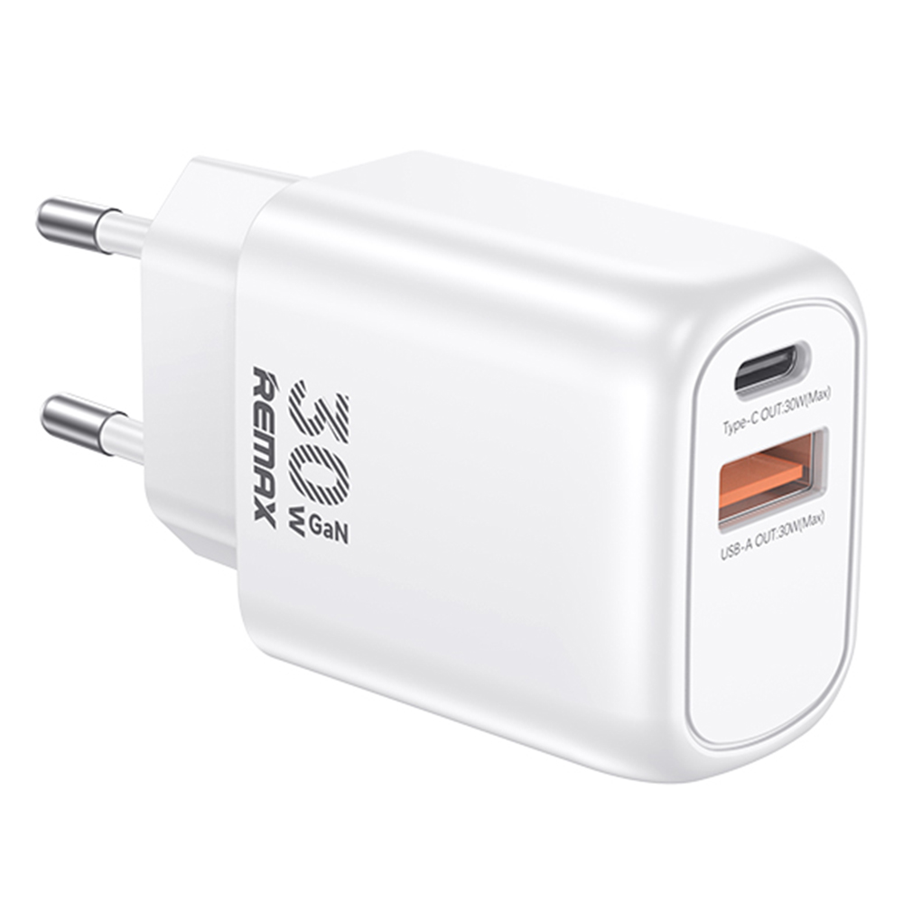 REMAX RP-U18 Kings Series 30W USB-A + USB-C GaN Travel Adapter PD Fast Charging Phones Wall Charger - EU Plug