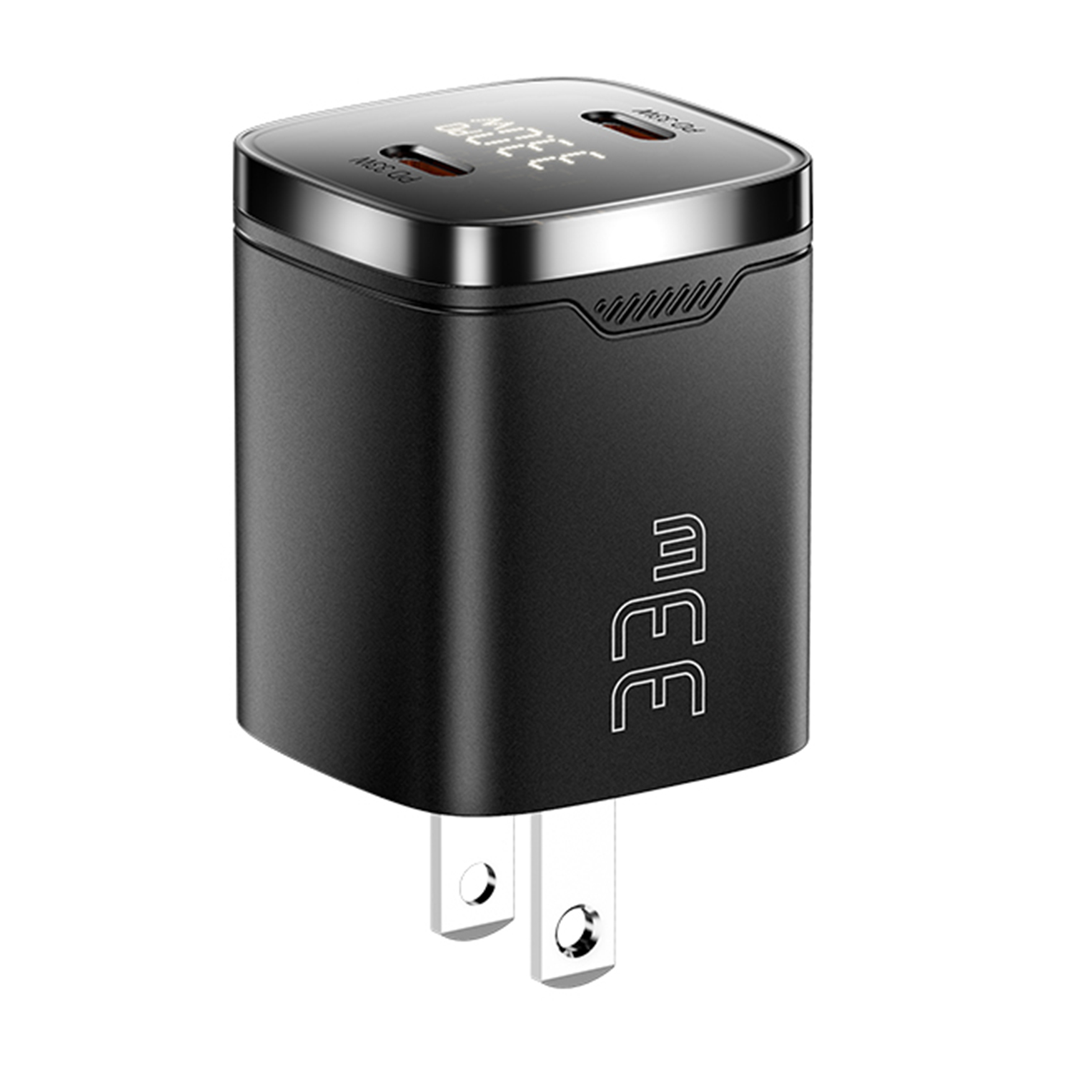 ESSAGER PD 33W GaN Dual Type-C Travel Charger with LED Display Fast Charging Compact Power Adapter - US Plug  /  Black