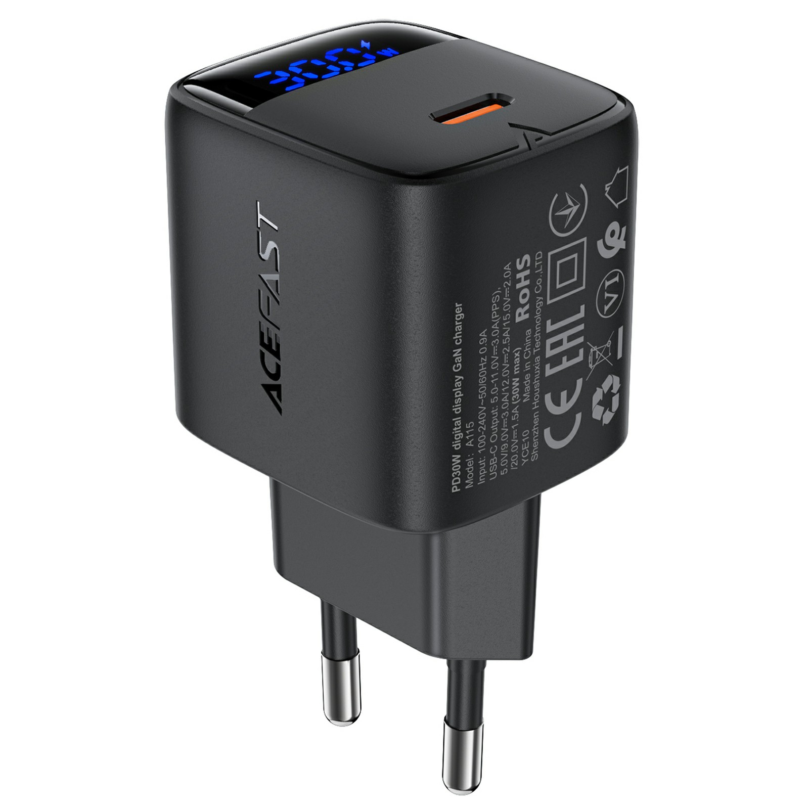 ACEFAST A115 PD 30W GaN USB-C Wall Charger with LED Display Fast Charger Adapter for Smartphones / Tablets - EU Plug