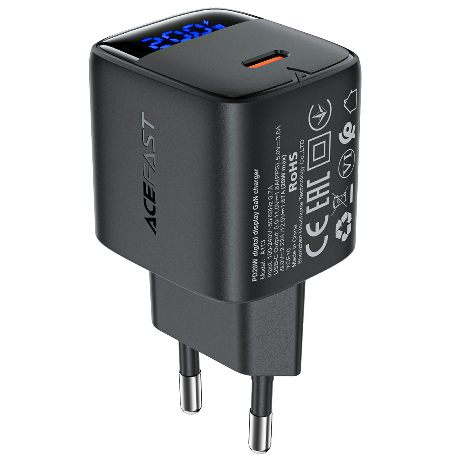 ACEFAST A113 For Smartphones PD 20W GaN Type-C Charger LED Display Fast Charging Adapter - EU Plug