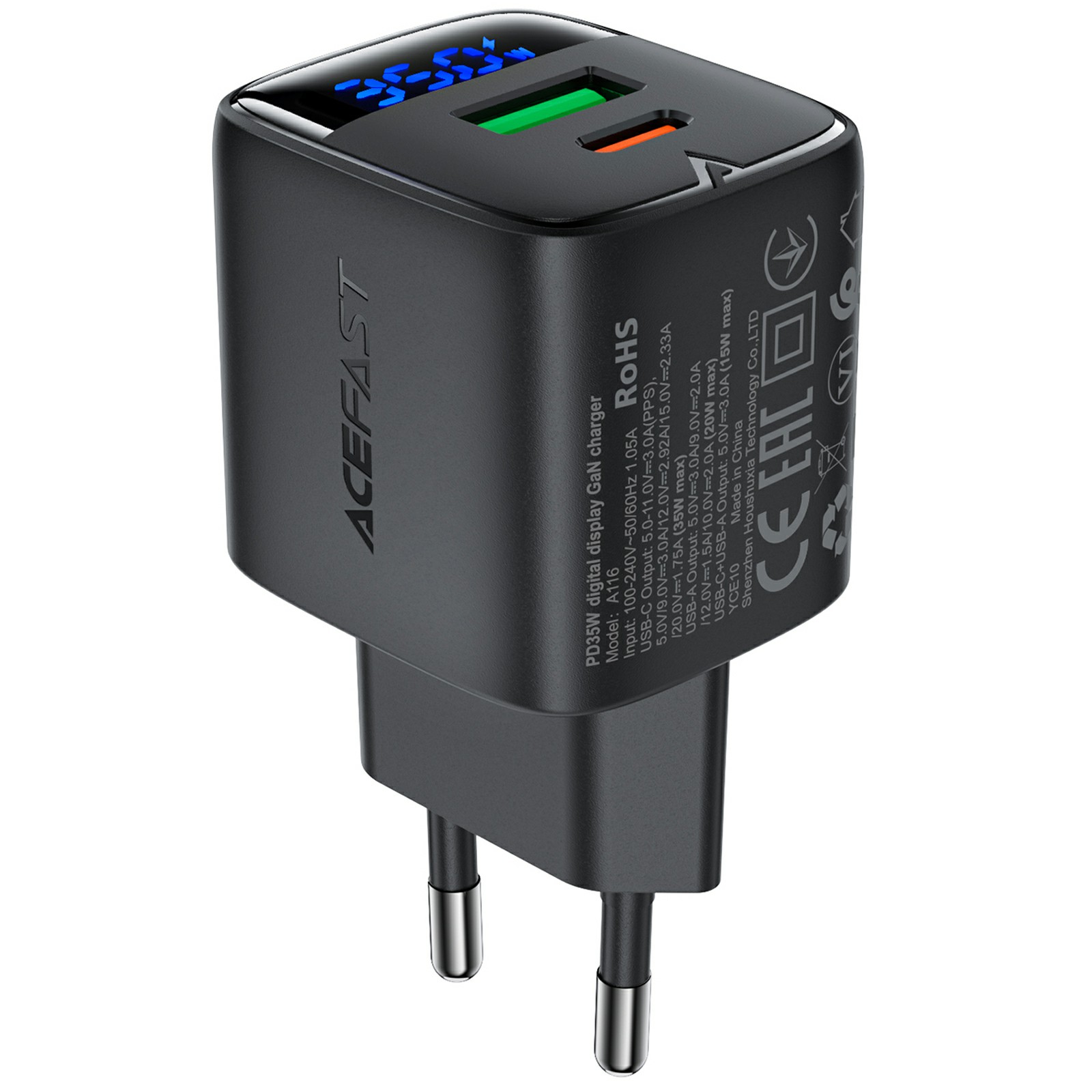 ACEFAST A116 For Multiple Devices PD 35W GaN Charger  Dual Port USB C and A LED Display Quick Charging Adapter - EU Plug