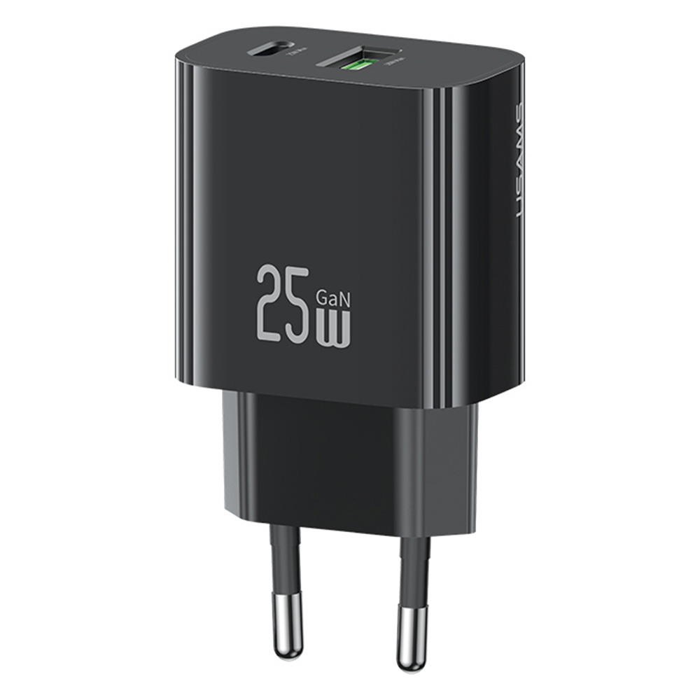 USAMS CC315 T65 25W Fast Charger for iPhone 8 - 16 Series, Dual Port USB-A + USB-C GaN Adapter - EU Plug / Black