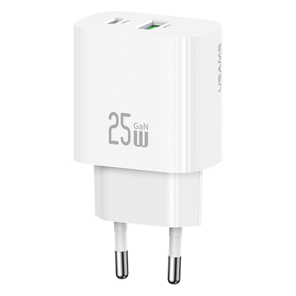 USAMS CC315 T65 25W Fast Charger for iPhone 8 - 16 Series, Dual Port USB-A + USB-C GaN Adapter - EU Plug / White