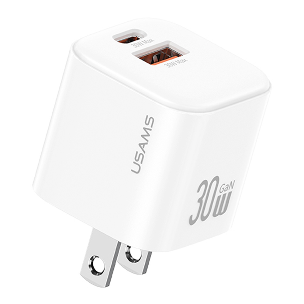 USAMS CC270 30W GaN Mini Dual Port Fast Charger USB-A + Type-C Power Adapter, US Plug - White