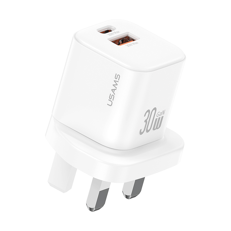 USAMS CC277 30W GaN Mini Dual Port Fast Charger USB-A + Type-C Power Adapter, UK Plug - White