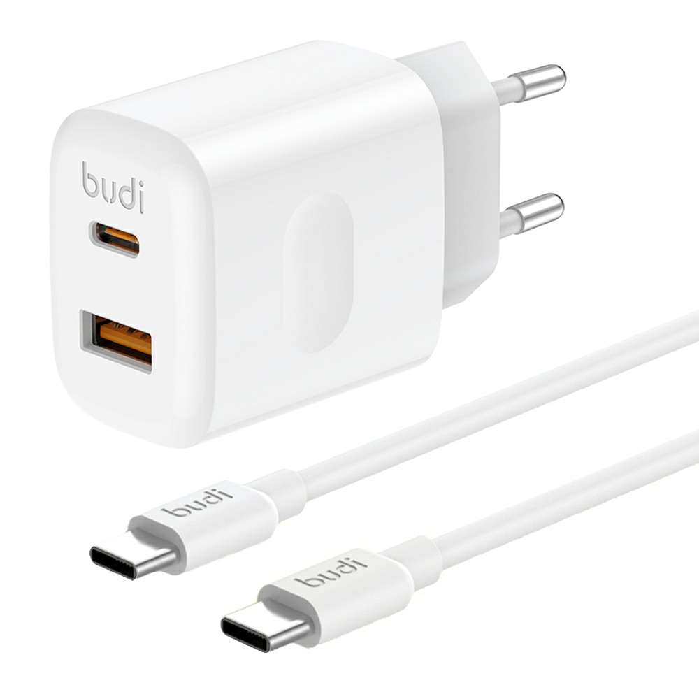 BUDI AC306ETTW 30W Travel Charger USB-A + Type-C Ports Power Adapter Set with 1.2m 65W USB-C Cable, EU Plug