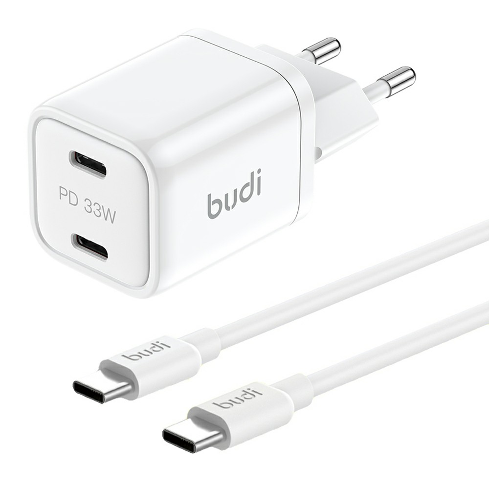 BUDI AC016RETTW 33W Dual USB-C Mini GaN Wall Charger Travel Set with 1.2M 65W USB-C Cable, EU Plug