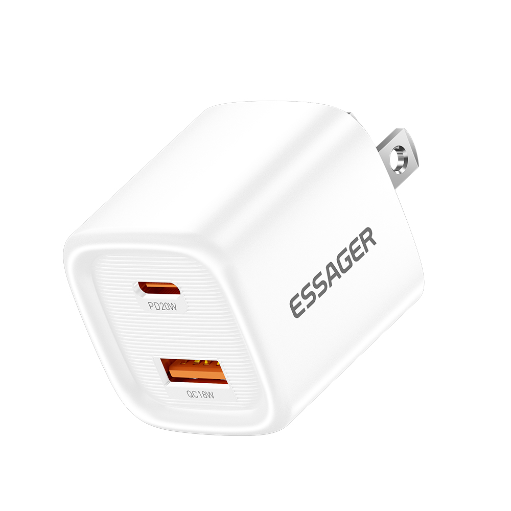 ESSAGER 20W Travel Charger Dual Port USB A + Type C PD Fast Charging Compact Smart Temperature Control - White / US Plug