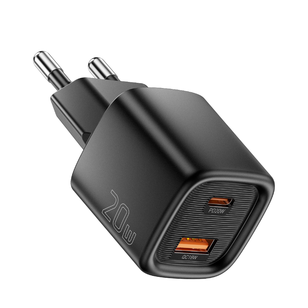 ESSAGER 20W Travel Charger Dual Port USB A + Type C PD Fast Charging Compact Smart Temperature Control - Black / EU Plug