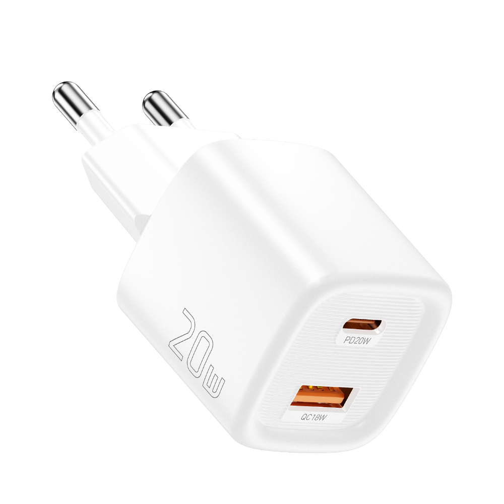 ESSAGER 20W Travel Charger Dual Port USB A + Type C PD Fast Charging Compact Smart Temperature Control - White / EU Plug