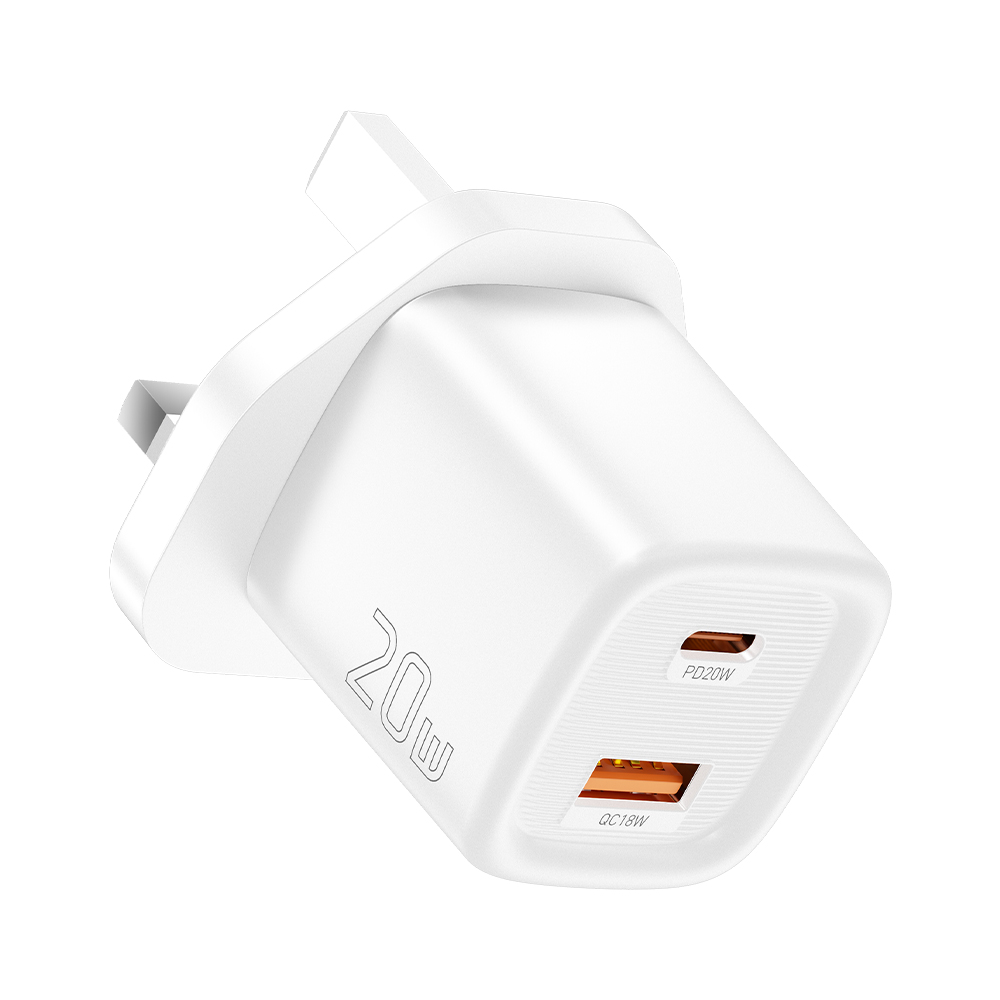ESSAGER 20W Travel Charger Dual Port USB A + Type C PD Fast Charging Compact Smart Temperature Control - White / UK Plug