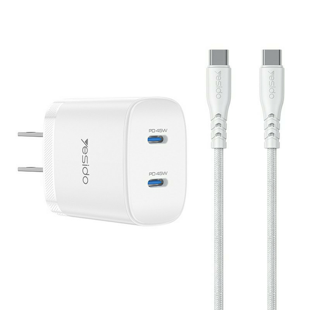 YESIDO YC22U PD 45W Dual USB-C Fast Charger Portable Wall Charger Adapter with USB-C to USB-C Cable - US Plug